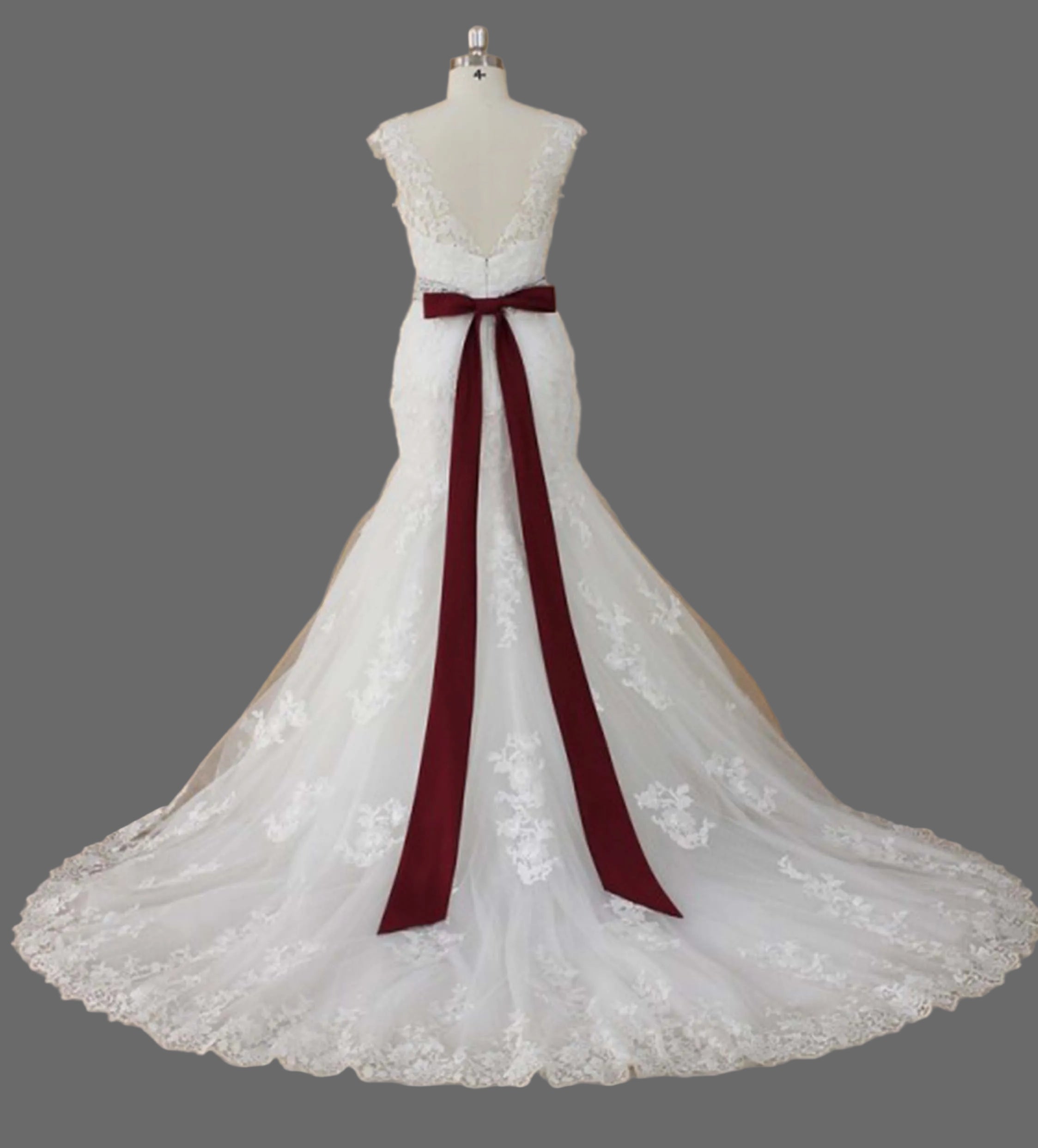 Bateau Neck Cap Sleeve Lace Applique Mermaid Wedding Dress with Crystal Sash Belt and Chapel Train