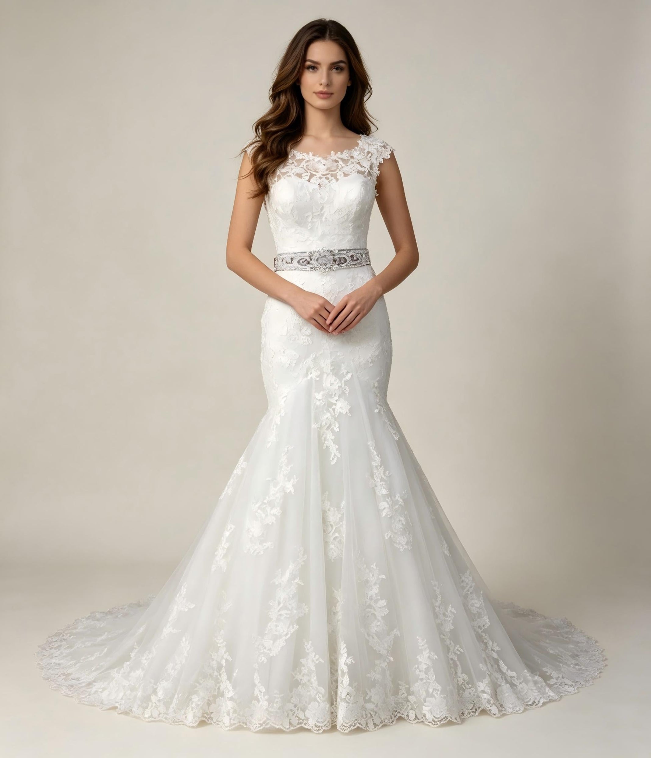 Bateau Neck Cap Sleeve Lace Applique Mermaid Wedding Dress with Crystal Sash Belt and Chapel Train