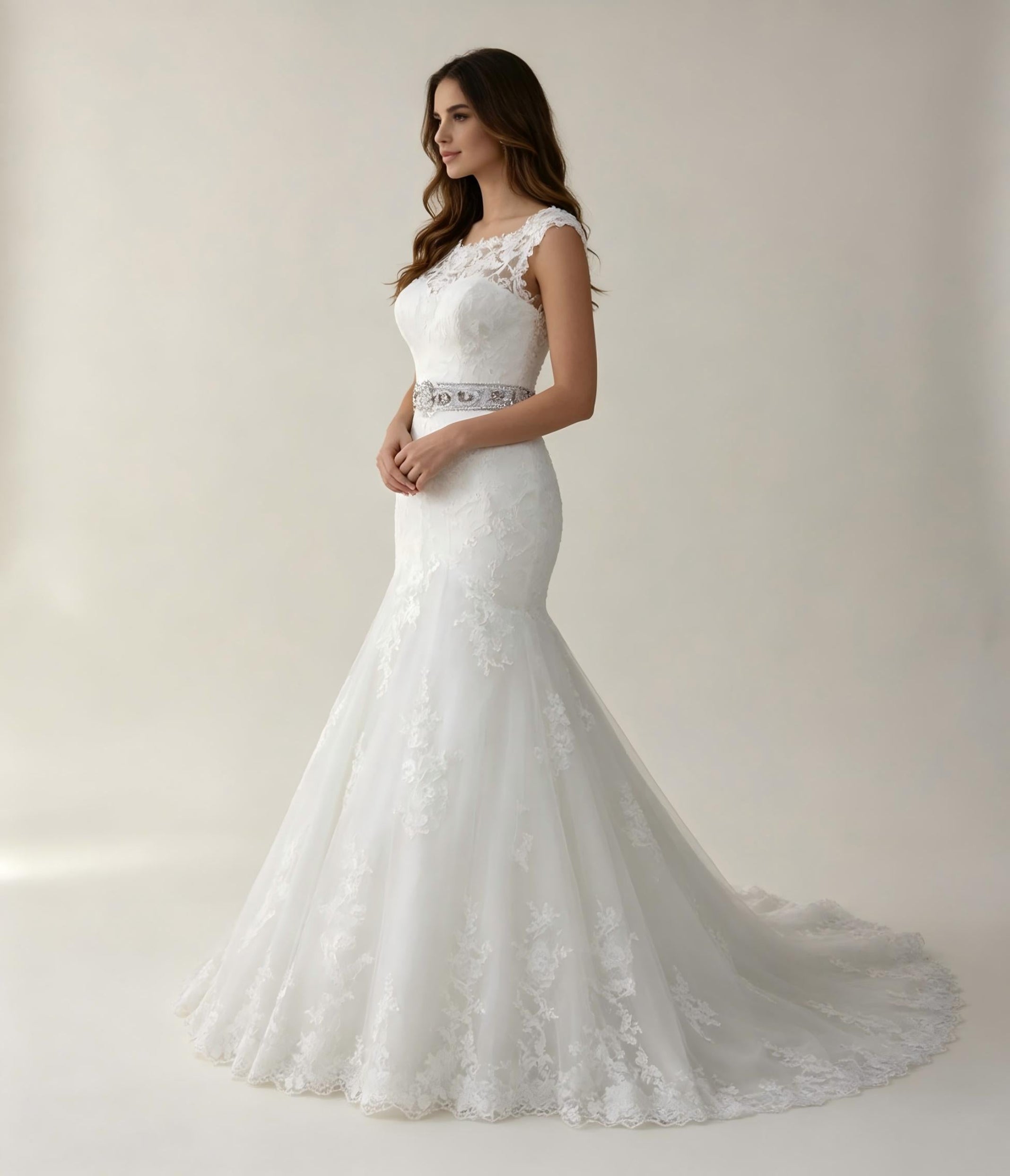 Bateau Neck Cap Sleeve Lace Applique Mermaid Wedding Dress with Crystal Sash Belt and Chapel Train