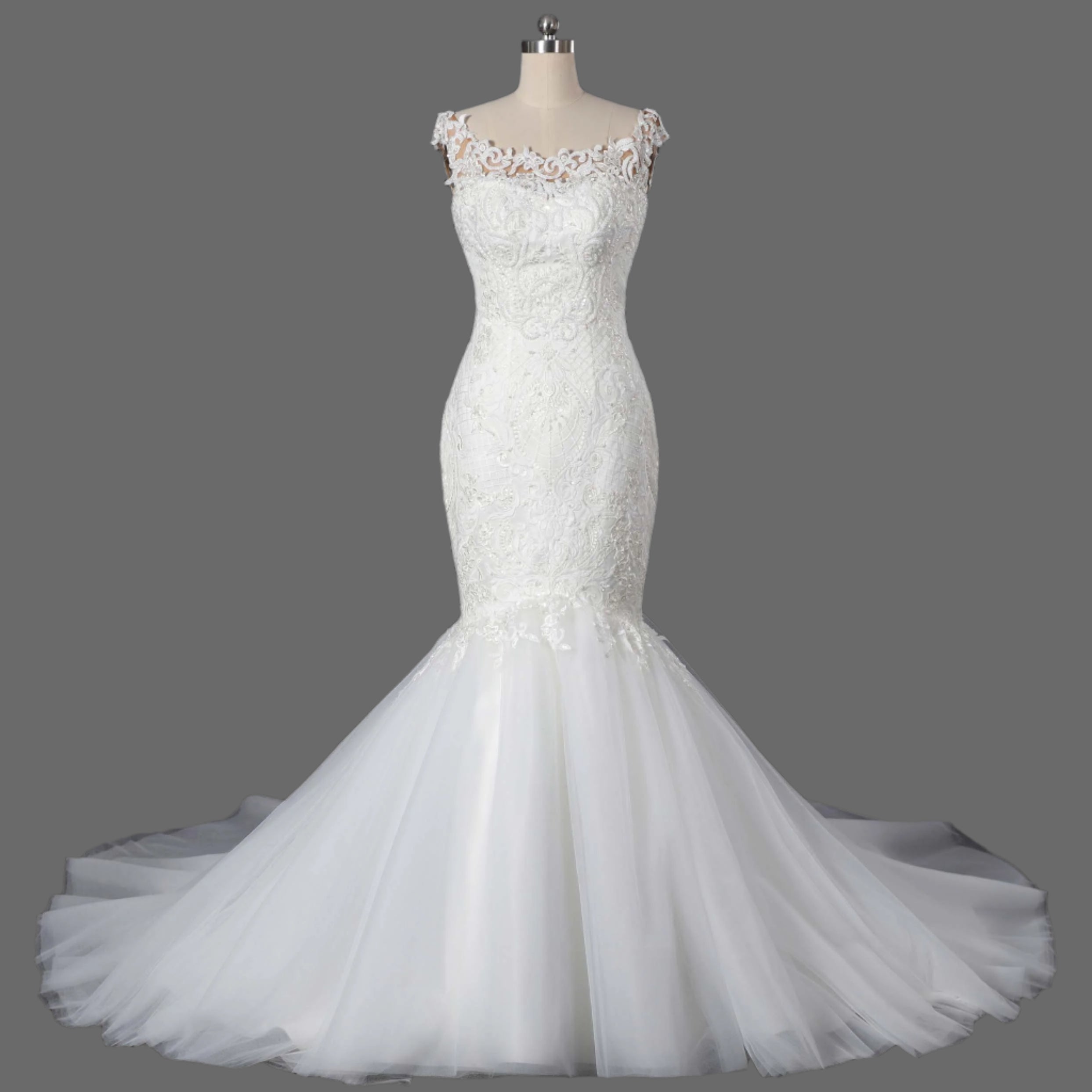 Beaded Lace Applique Tulle Mermaid Wedding Dress