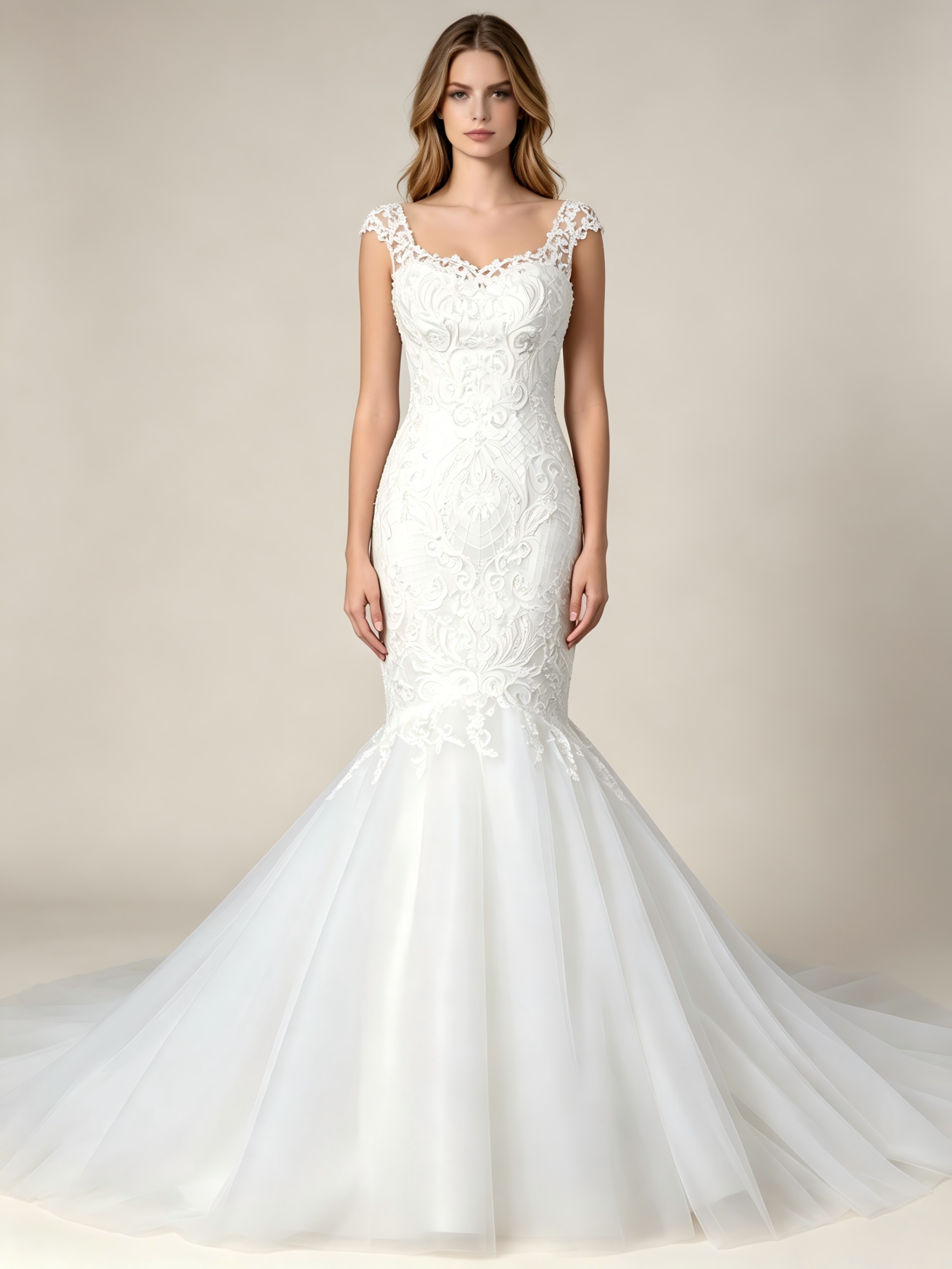 Beaded Lace Applique Tulle Mermaid Wedding Dress