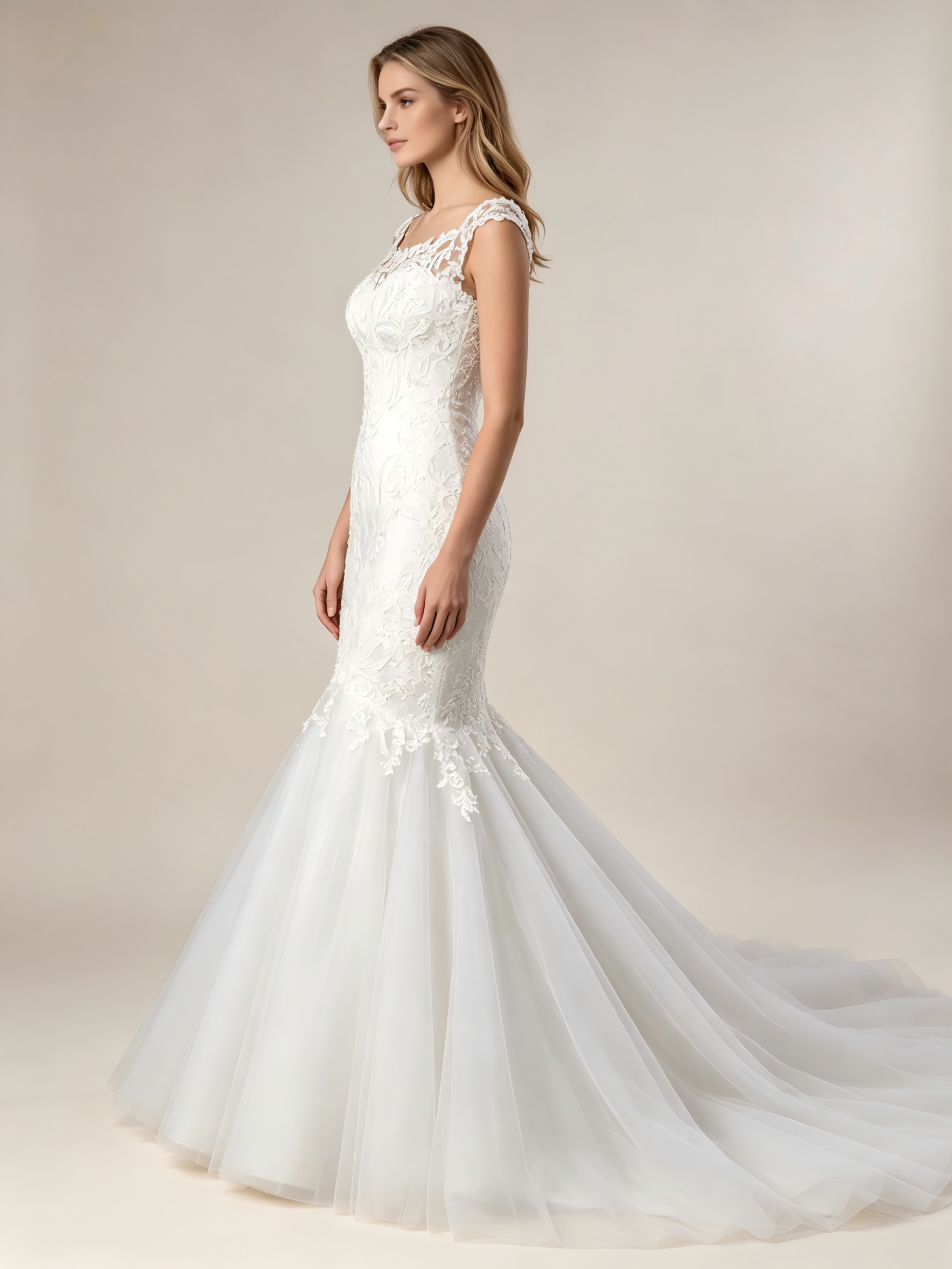 Beaded Lace Applique Tulle Mermaid Wedding Dress