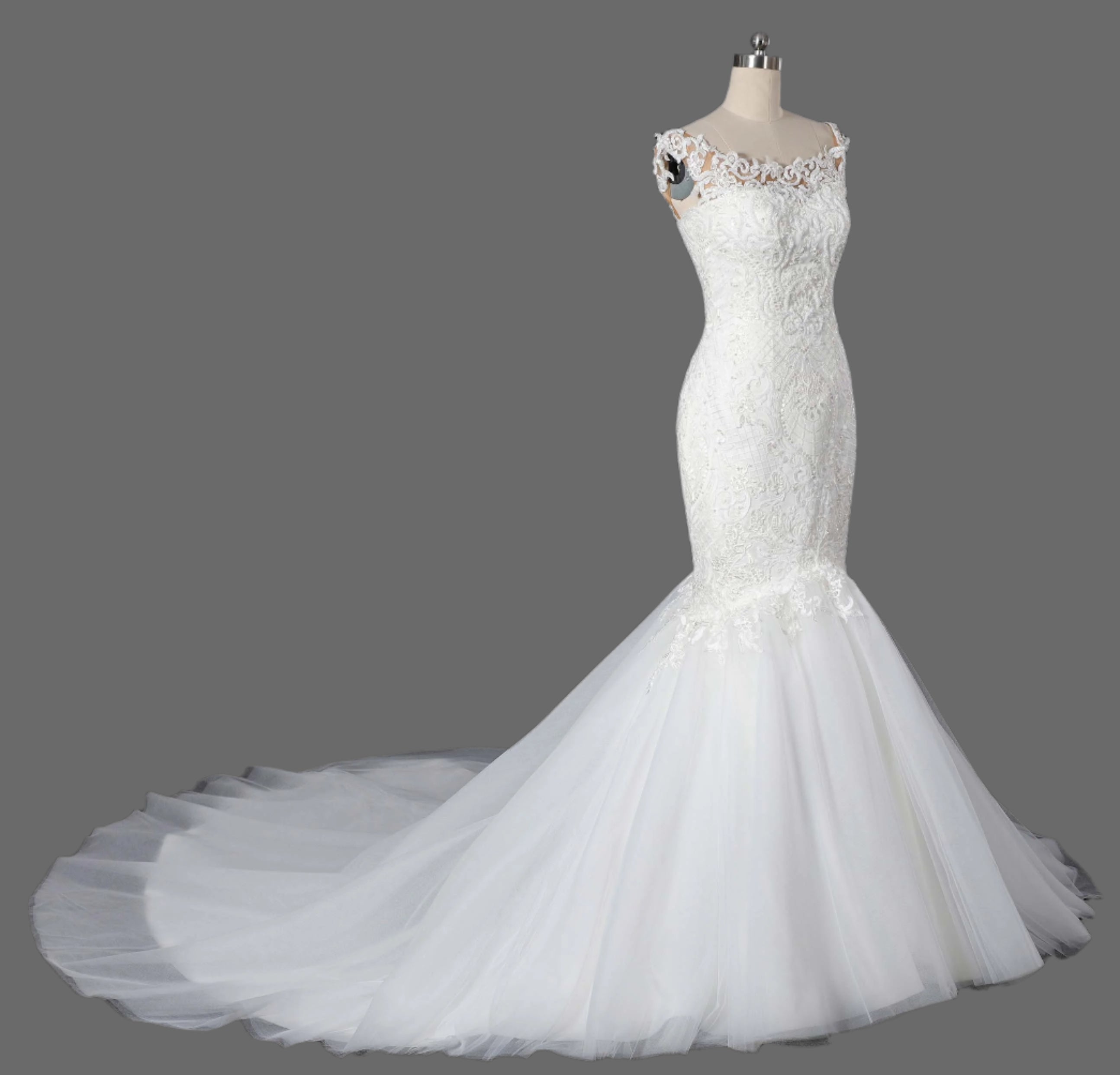 Beaded Lace Applique Tulle Mermaid Wedding Dress