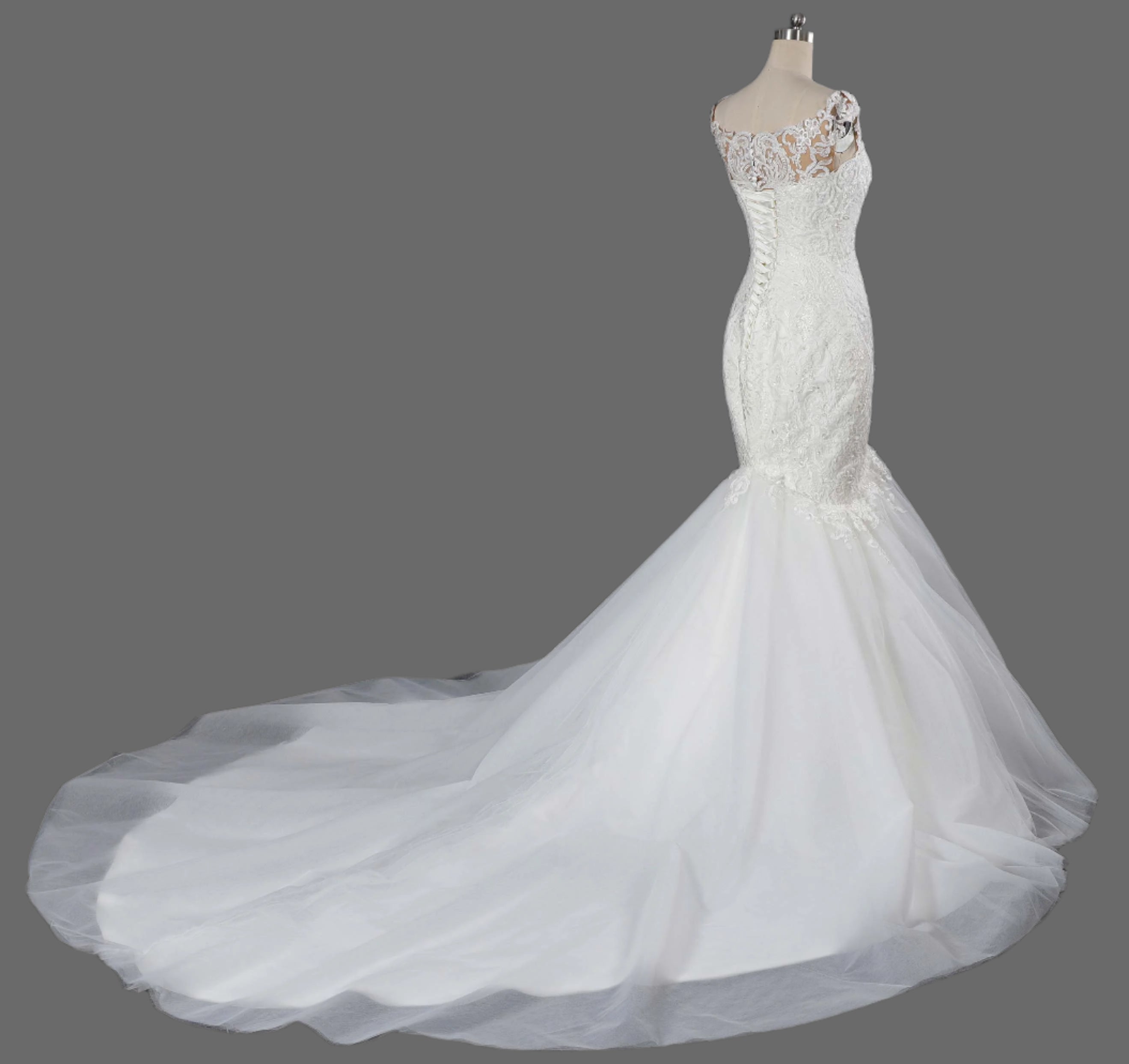 Beaded Lace Applique Tulle Mermaid Wedding Dress