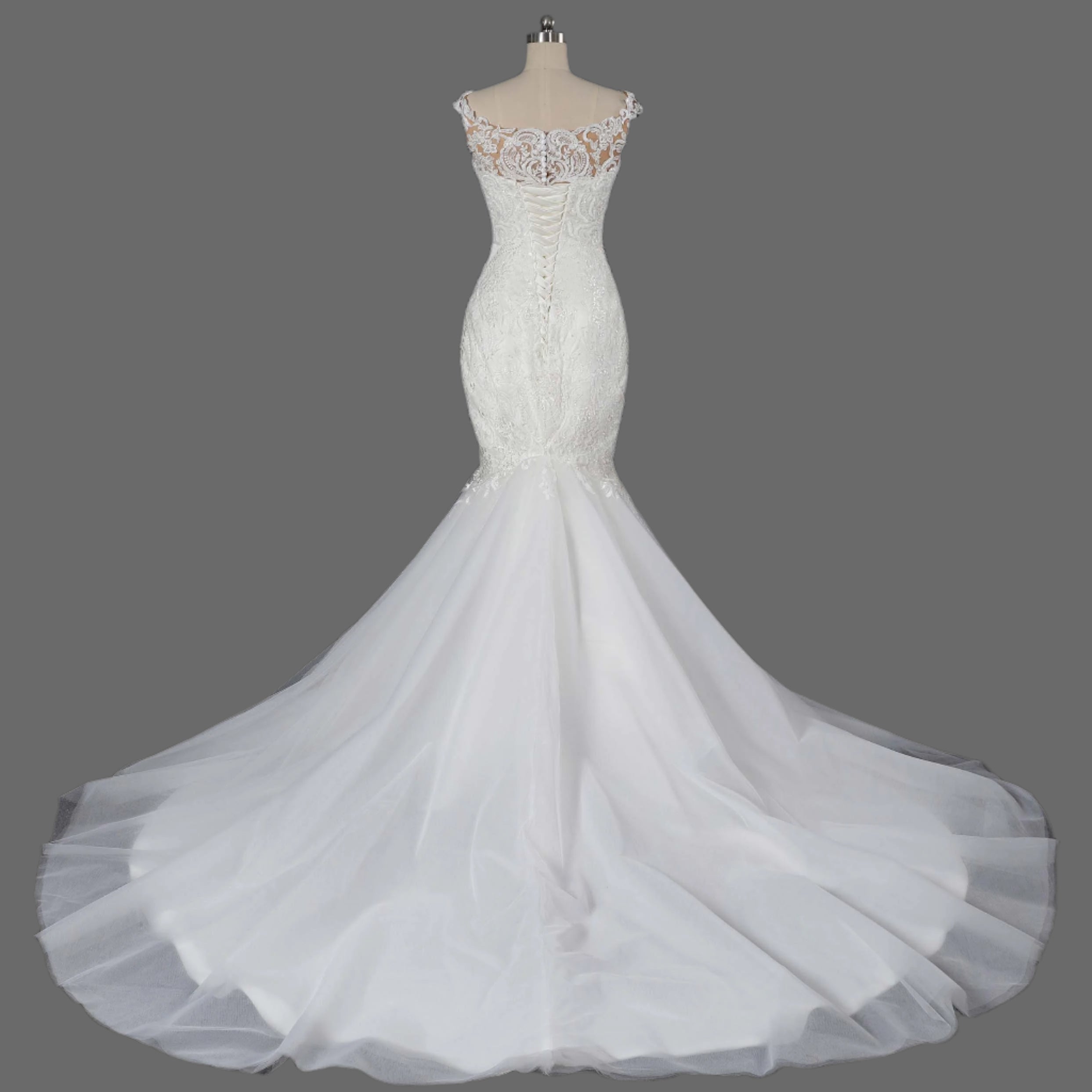 Beaded Lace Applique Tulle Mermaid Wedding Dress