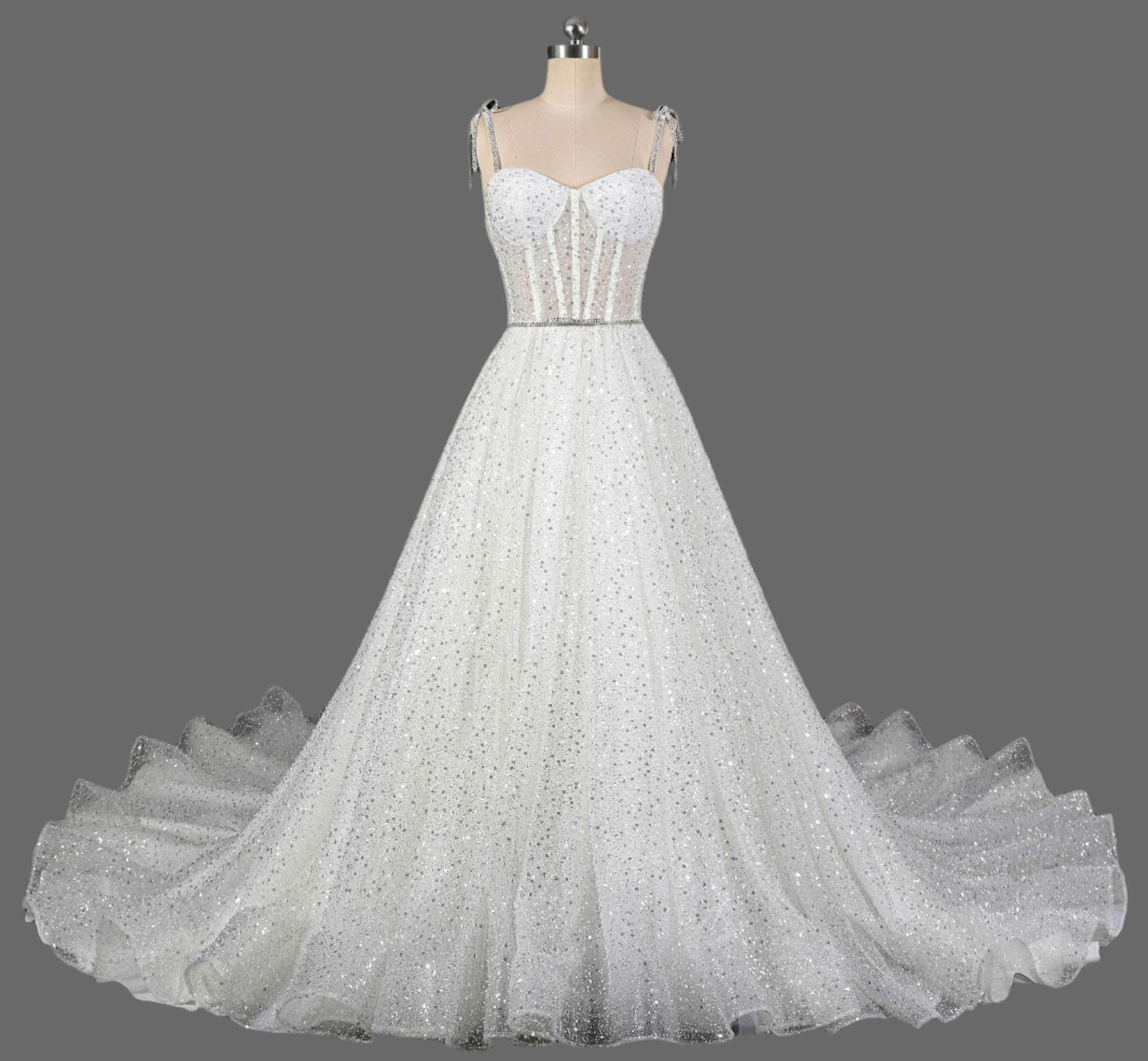 Beaded Spaghetti Strap A-Line Mesh Illusion Wedding Dress
