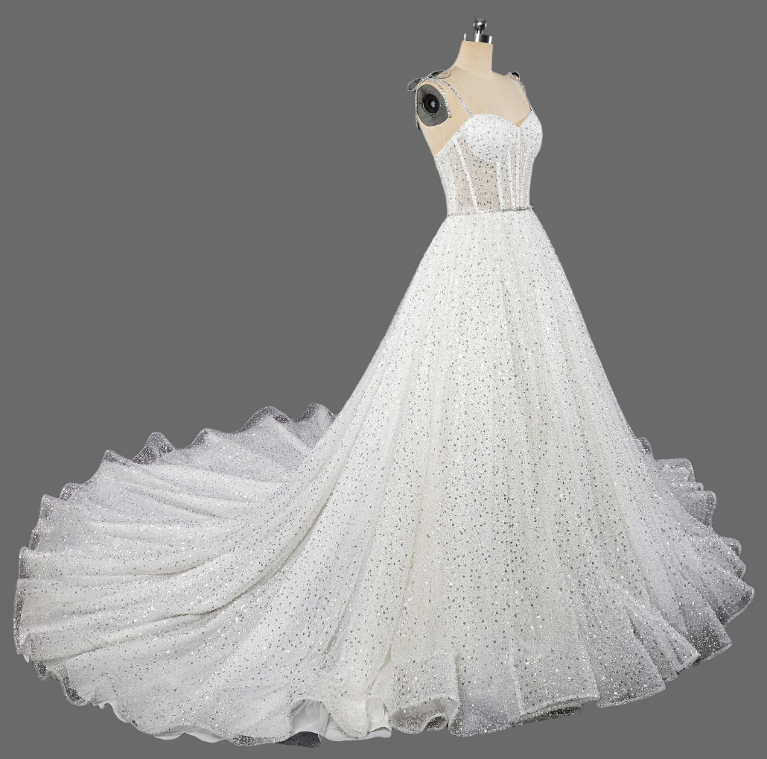 Beaded Spaghetti Strap A-Line Mesh Illusion Wedding Dress