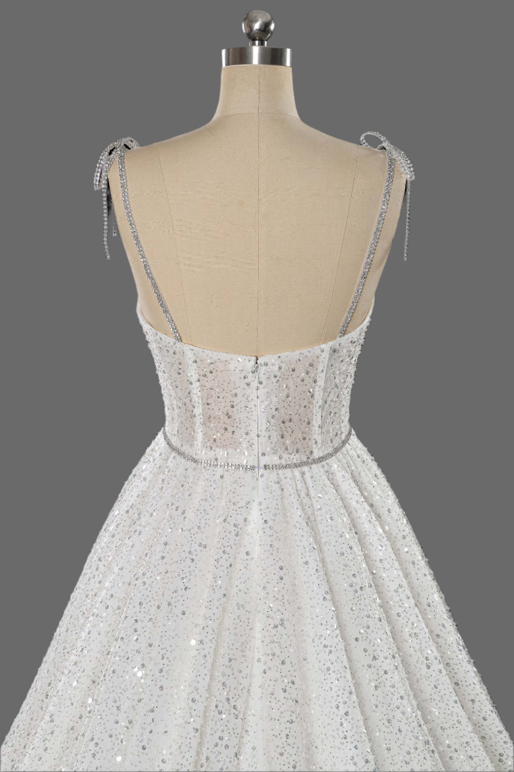 Beaded Spaghetti Strap A-Line Mesh Illusion Wedding Dress