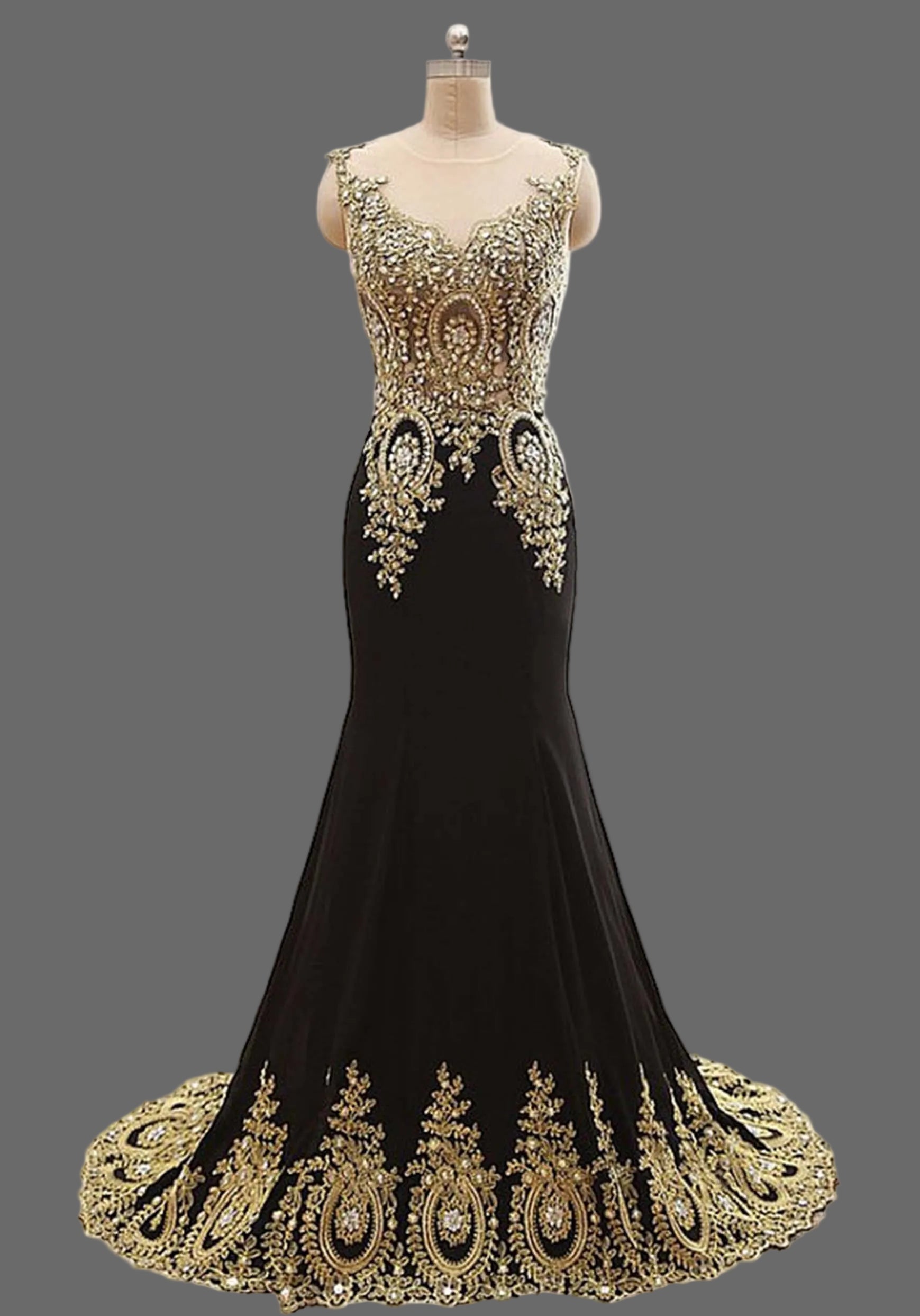 Black and Gold Lace Mermaid Prom Dress - V-Neck Evening Gown