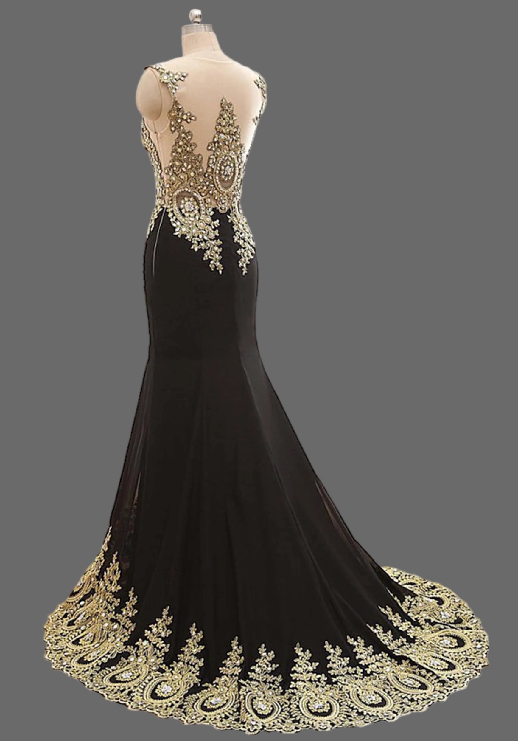 Black and Gold Lace Mermaid Prom Dress - V-Neck Evening Gown