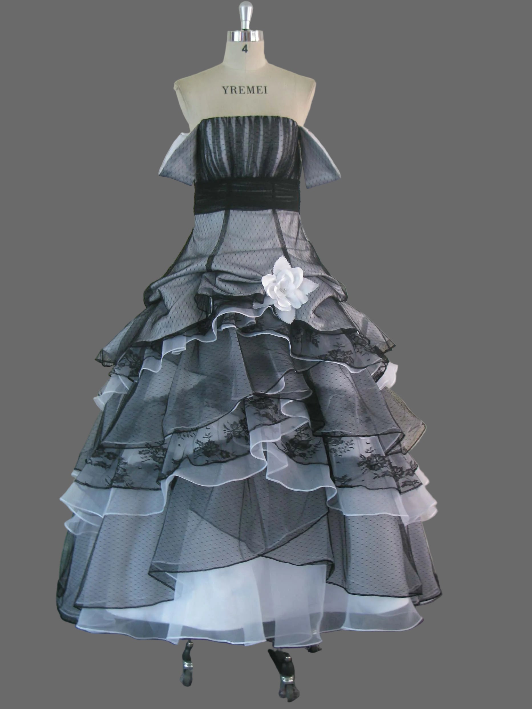 Black and White Tiered Organza Ball Gown – Wedding Dress & Quinceanera Gown with Floral Sash