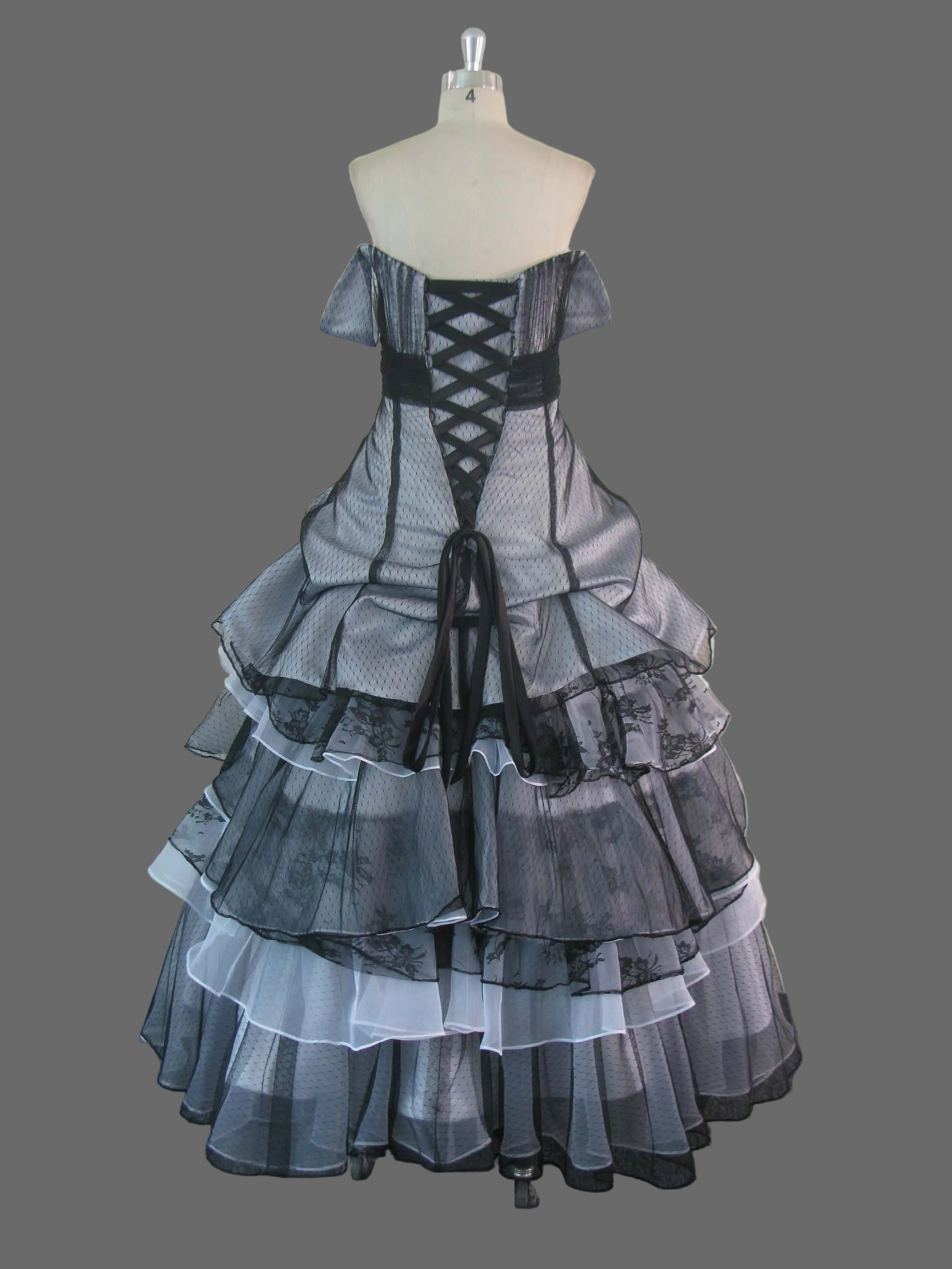 Black and White Tiered Organza Ball Gown – Wedding Dress & Quinceanera Gown with Floral Sash