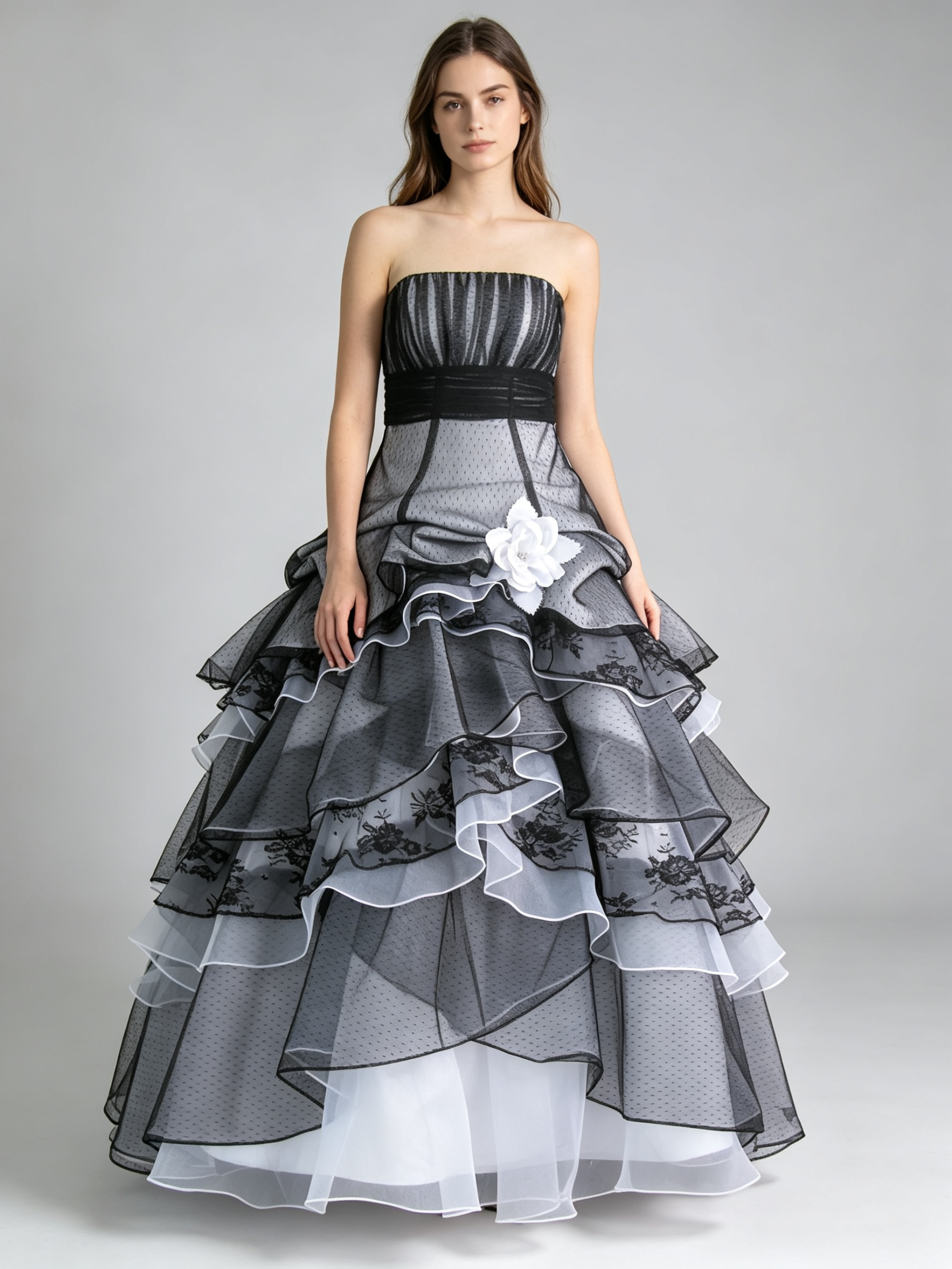 Black and White Tiered Organza Ball Gown – Wedding Dress & Quinceanera Gown with Floral Sash