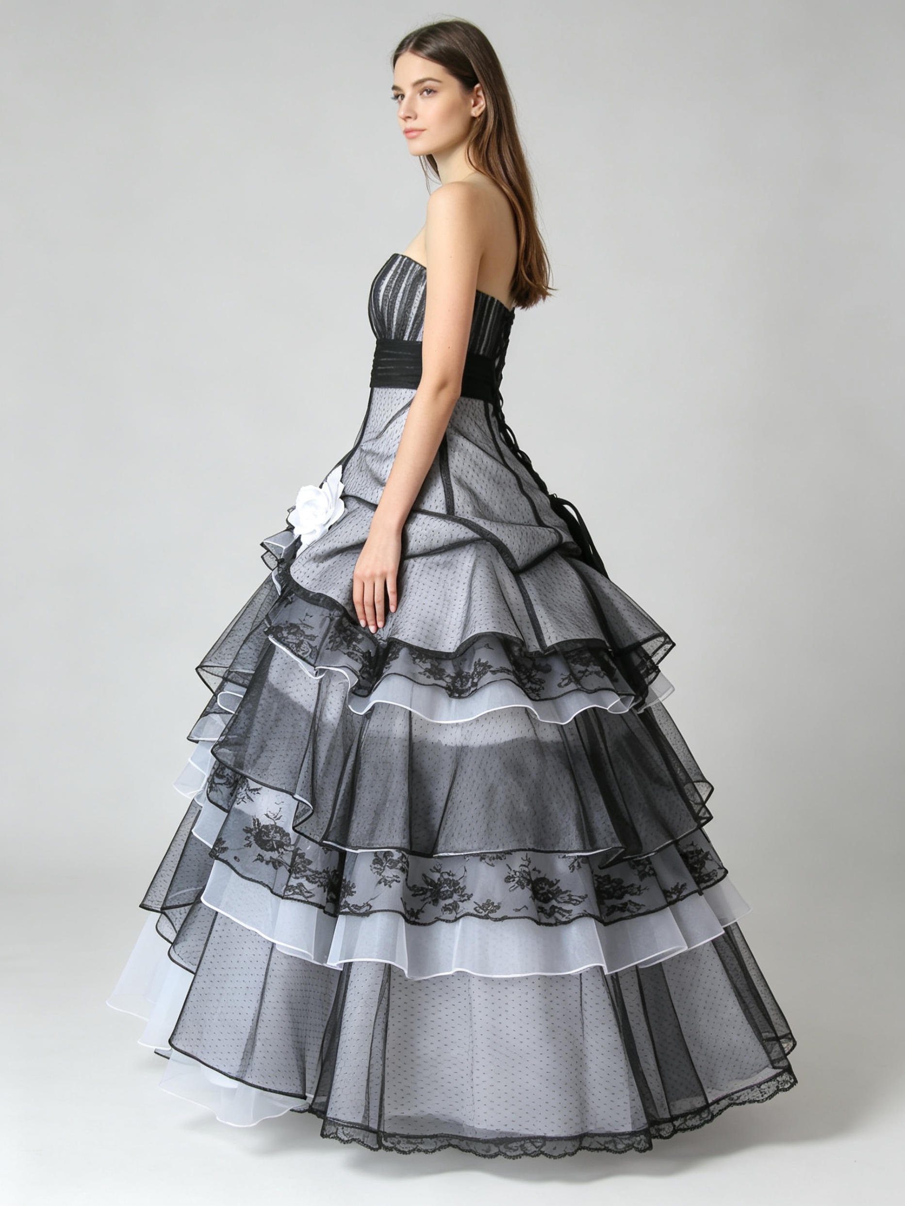 Black and White Tiered Organza Ball Gown – Wedding Dress & Quinceanera Gown with Floral Sash