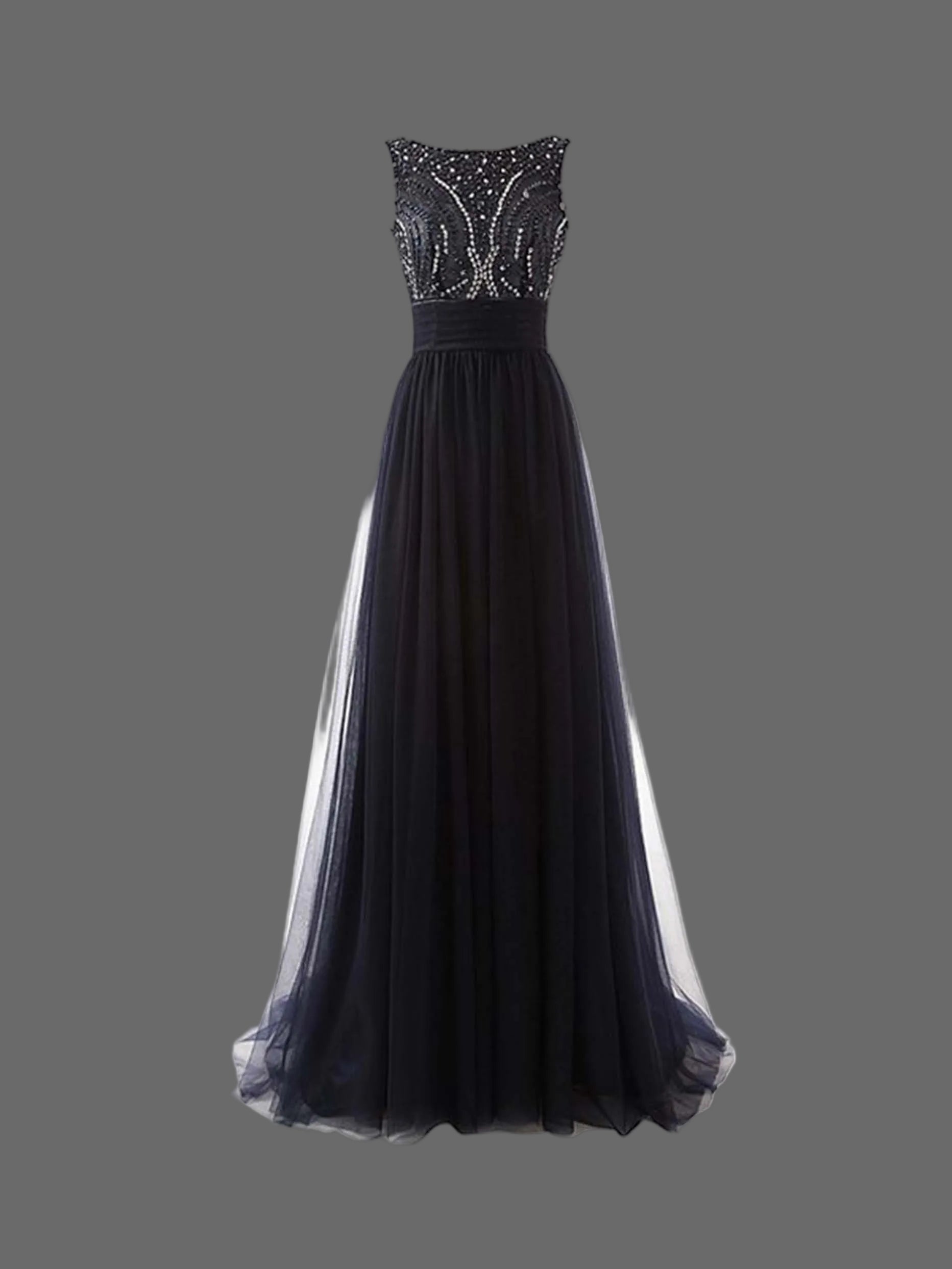 Black Beaded Prom Dress - Sleeveless A-Line Evening Gown with Crystal Bodice