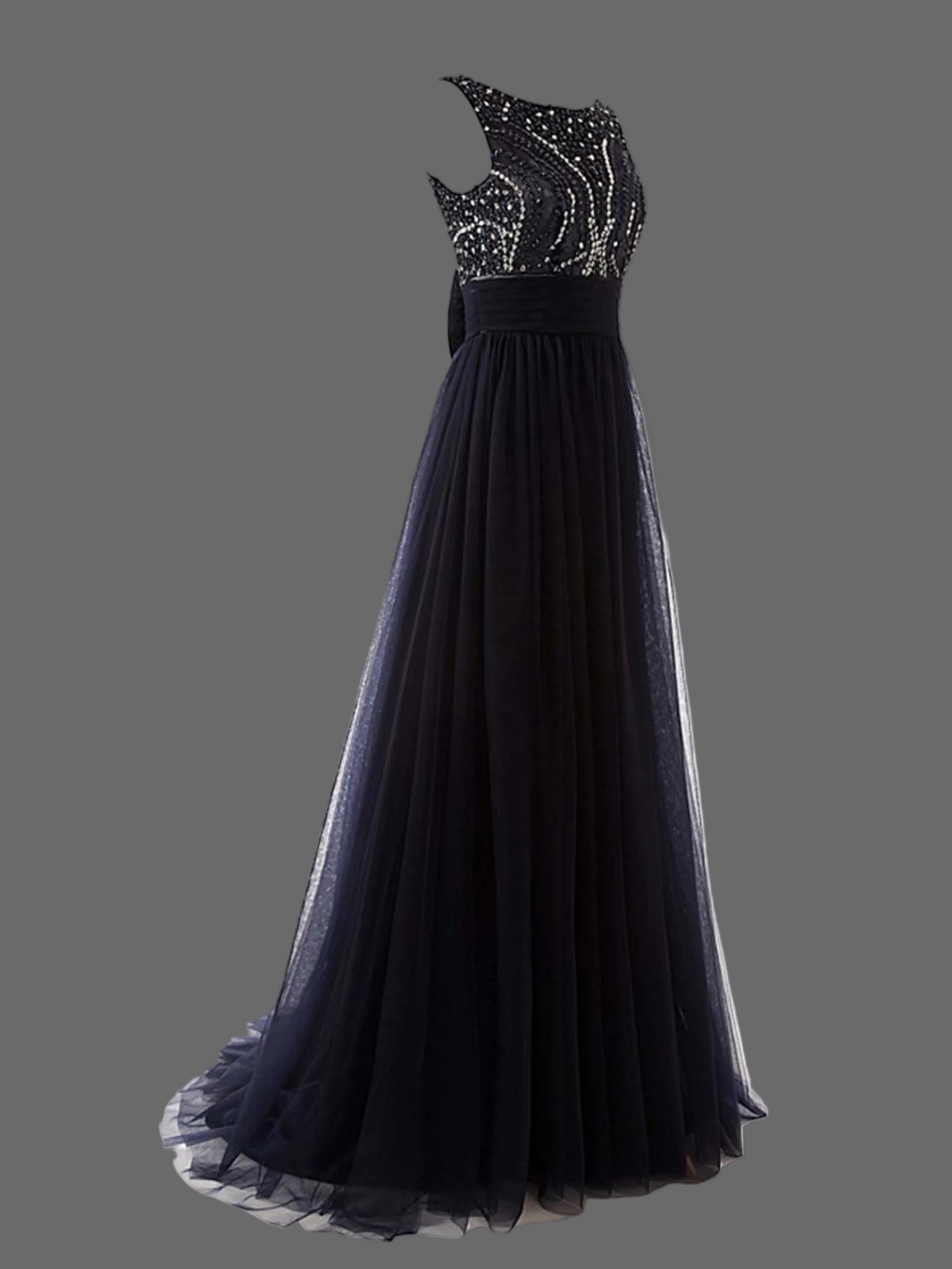 Black Beaded Prom Dress - Sleeveless A-Line Evening Gown with Crystal Bodice