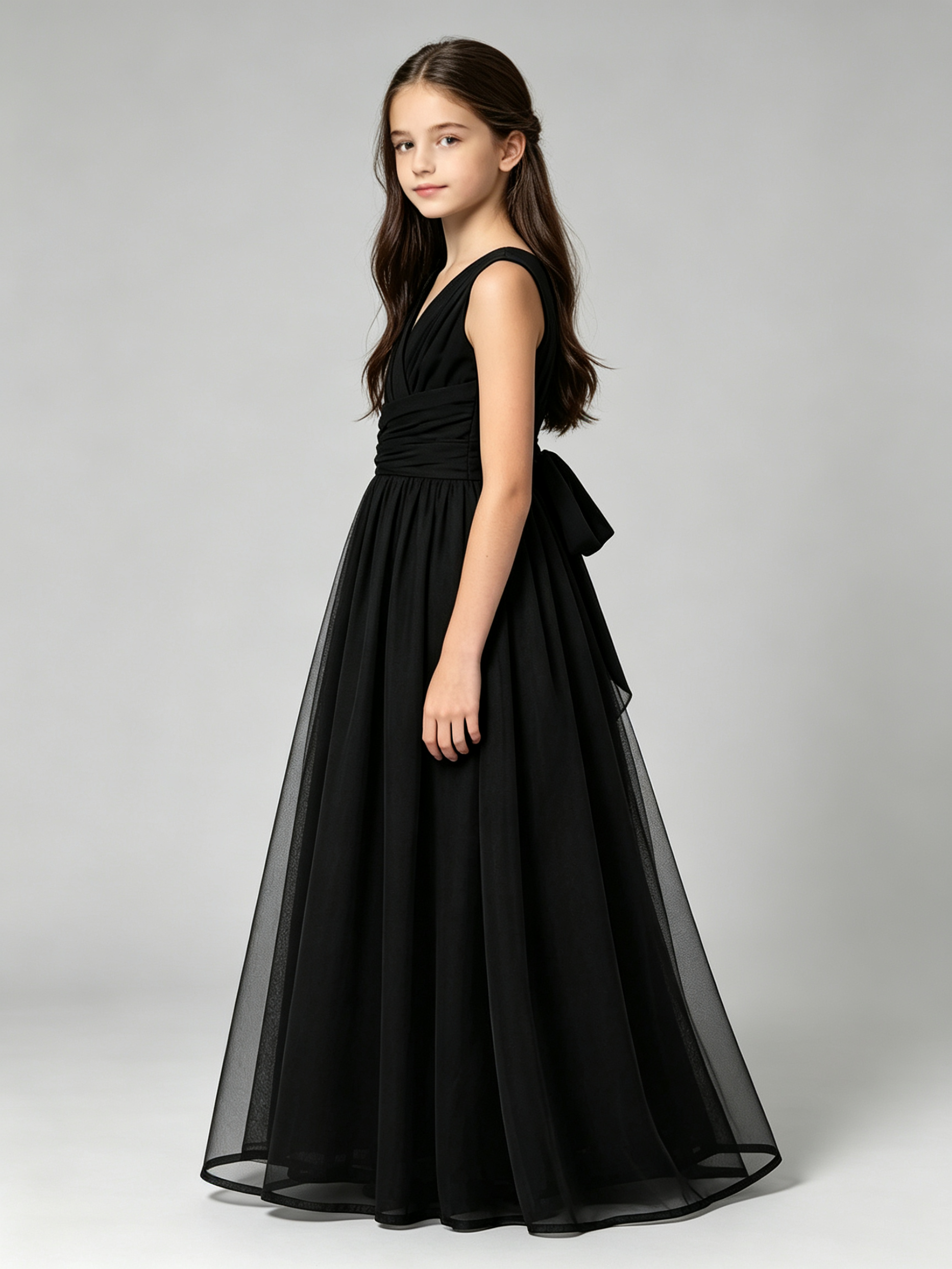 Black Chiffon Floor-Length Junior Bridesmaid Dress
