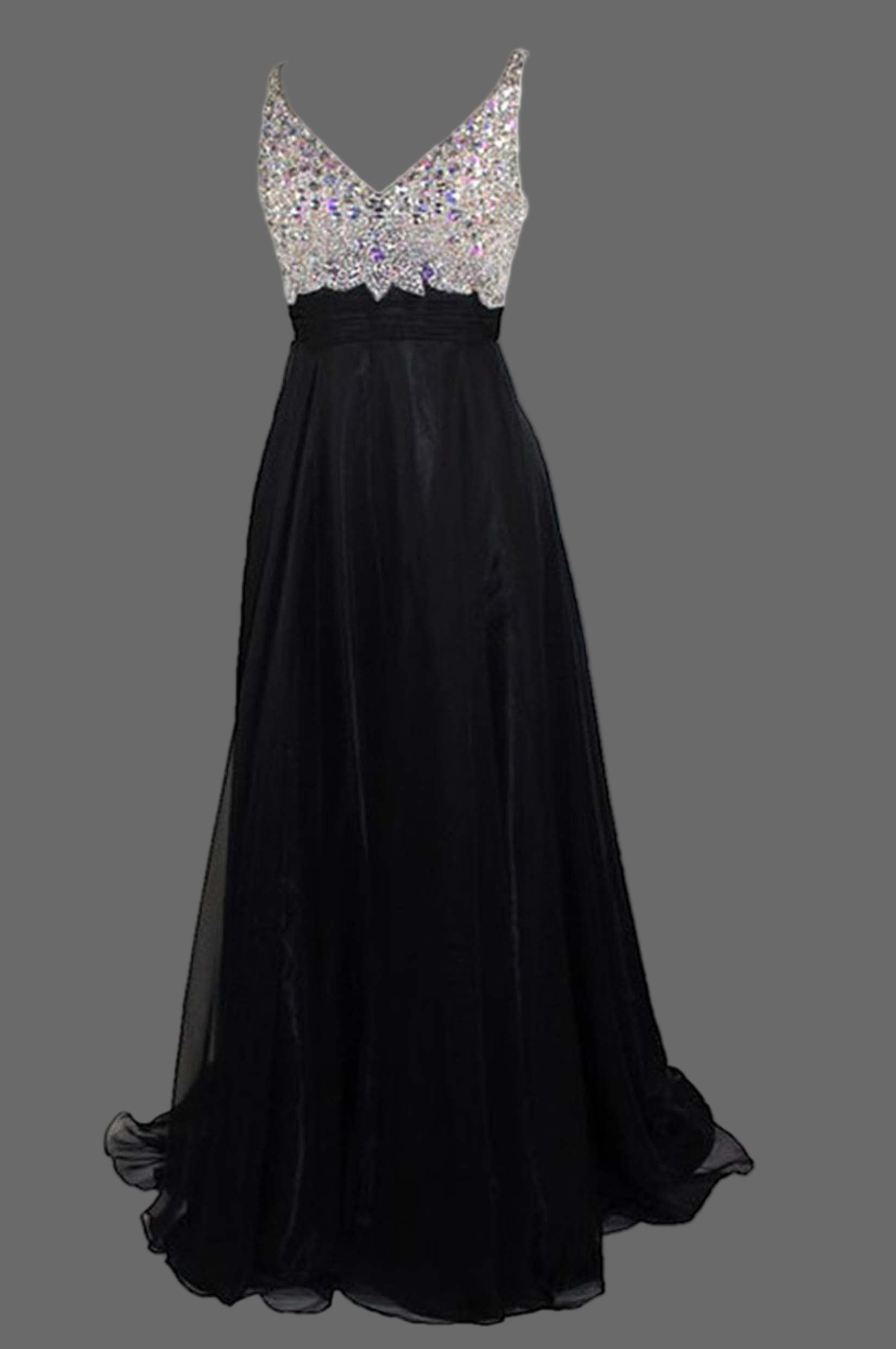 Black Evening Gown with Silver Beaded Bodice - Elegant V-Neck Formal Dress