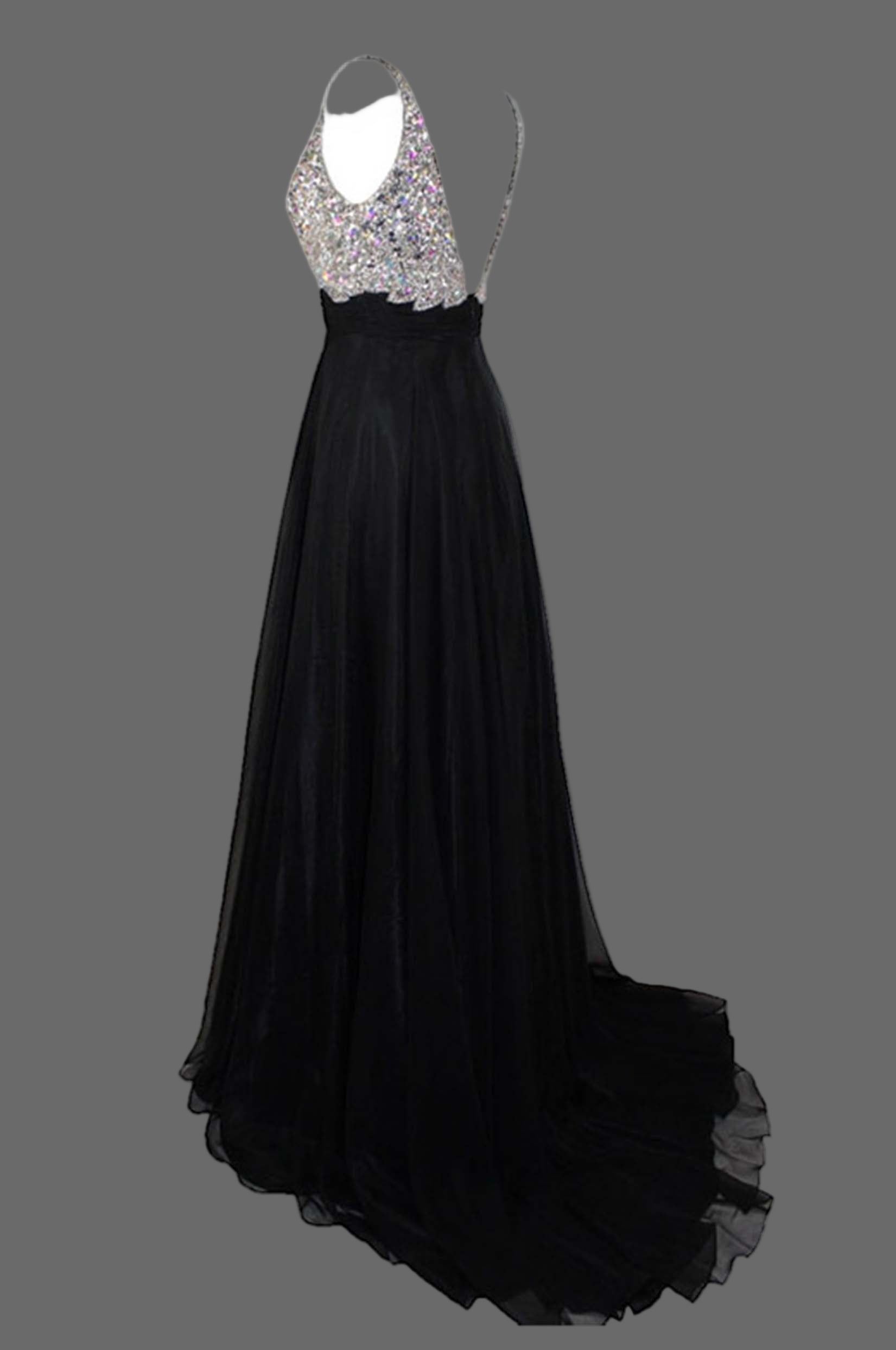 Black Evening Gown with Silver Beaded Bodice - Elegant V-Neck Formal Dress