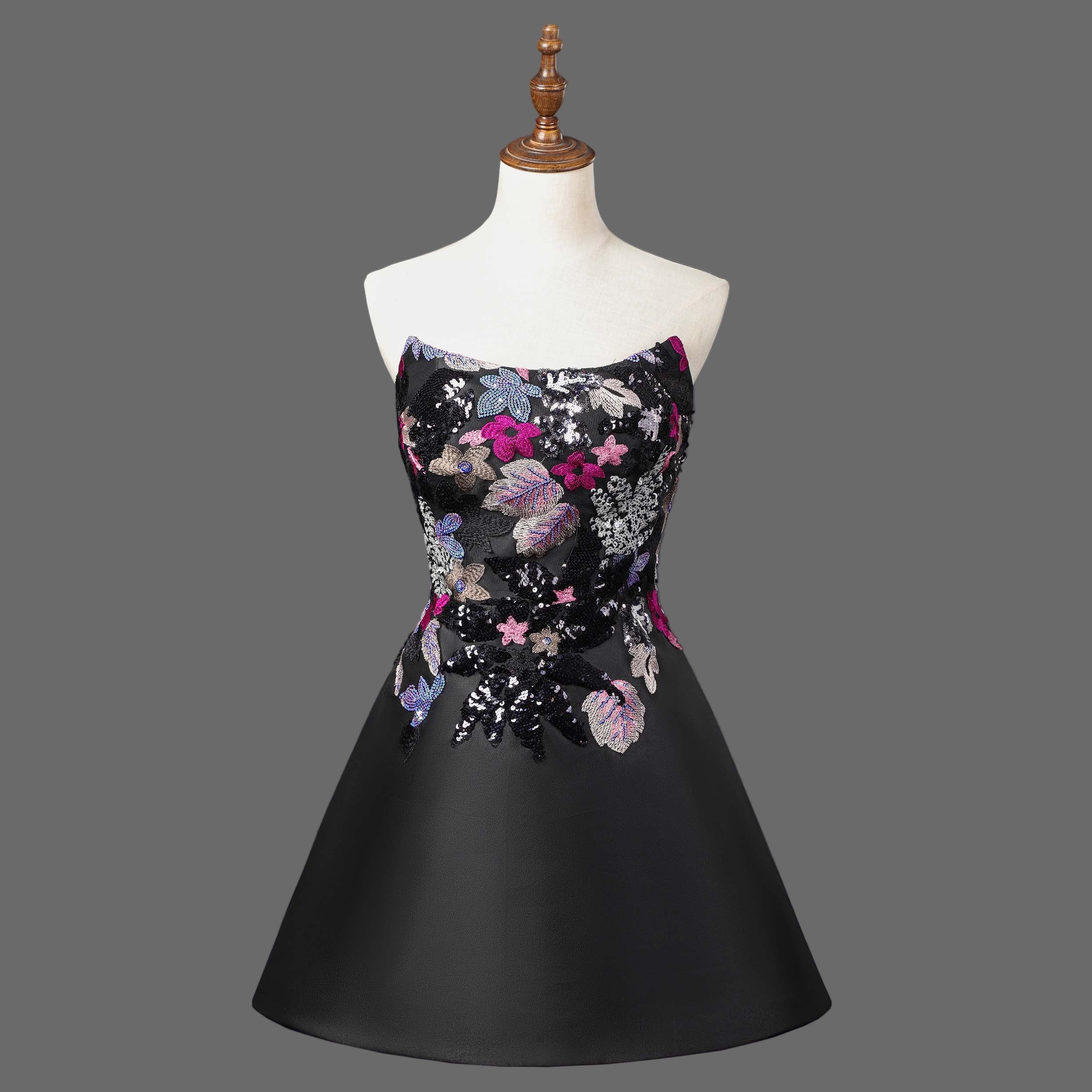 Black Floral Embroidered Cocktail Dress - Strapless A-Line Mini Party Dress