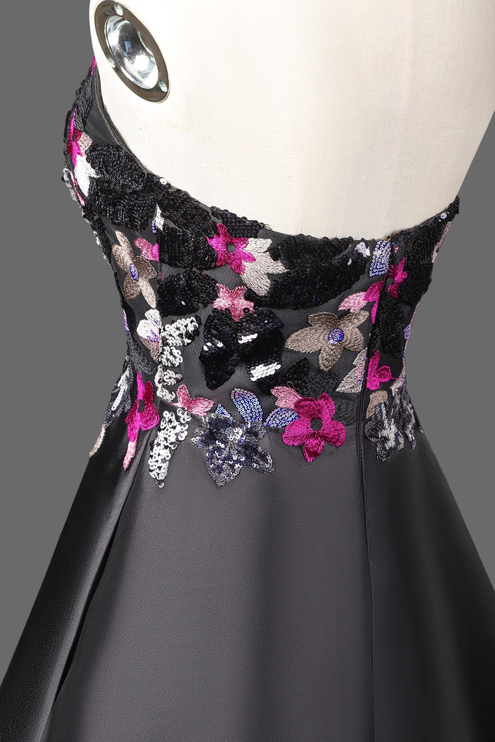 Black Floral Embroidered Cocktail Dress - Strapless A-Line Mini Party Dress