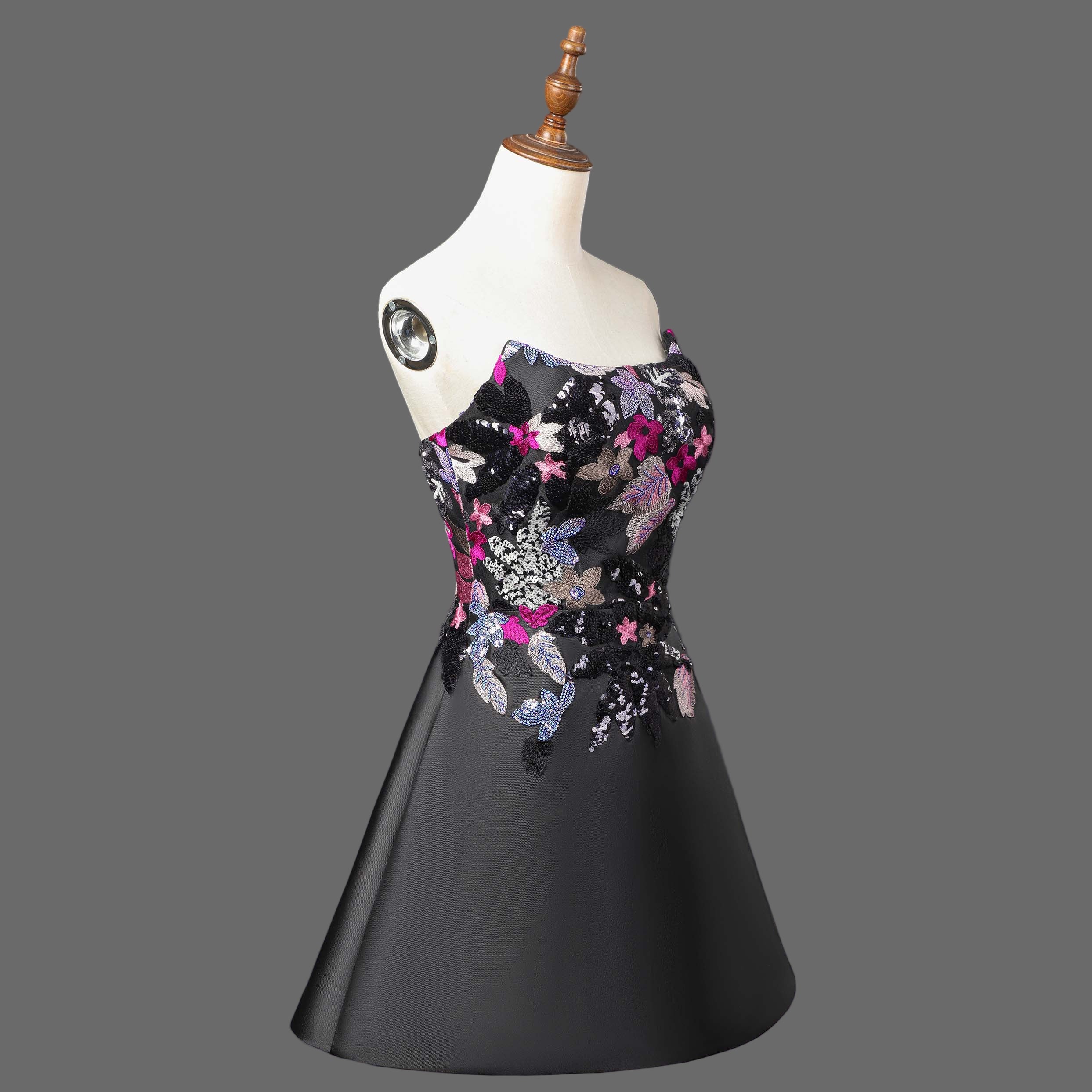 Black Floral Embroidered Cocktail Dress - Strapless A-Line Mini Party Dress