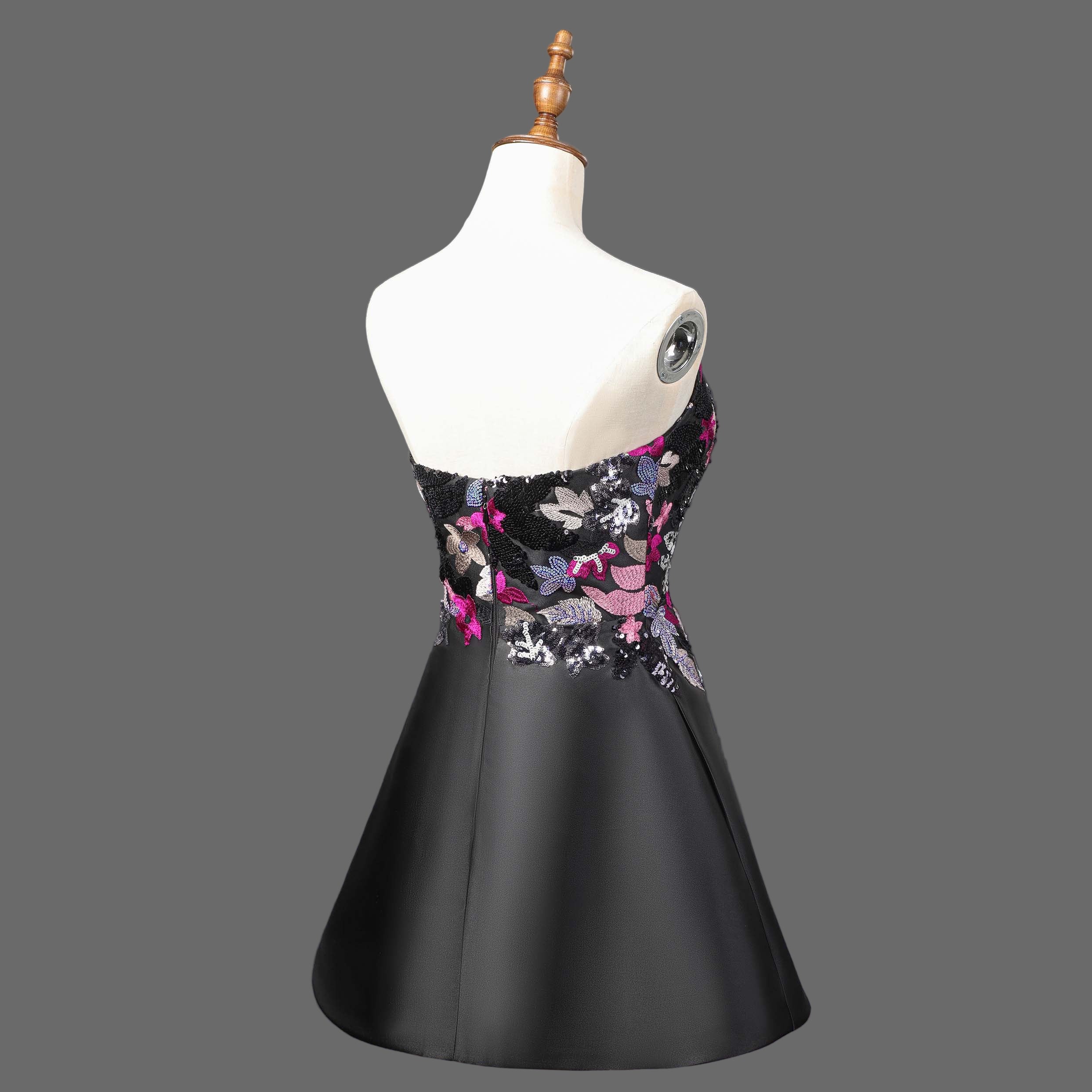 Black Floral Embroidered Cocktail Dress - Strapless A-Line Mini Party Dress