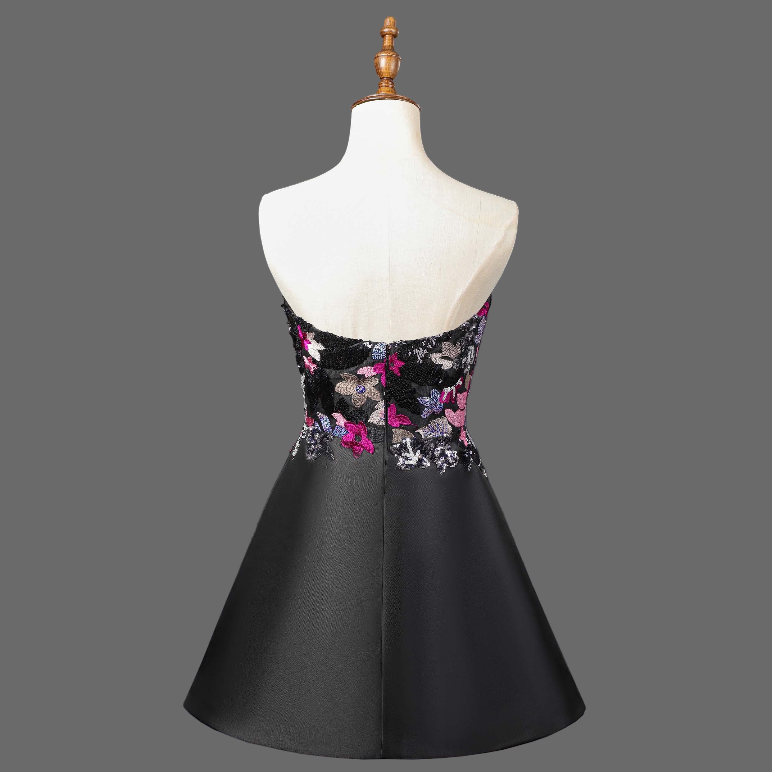 Black Floral Embroidered Cocktail Dress - Strapless A-Line Mini Party Dress