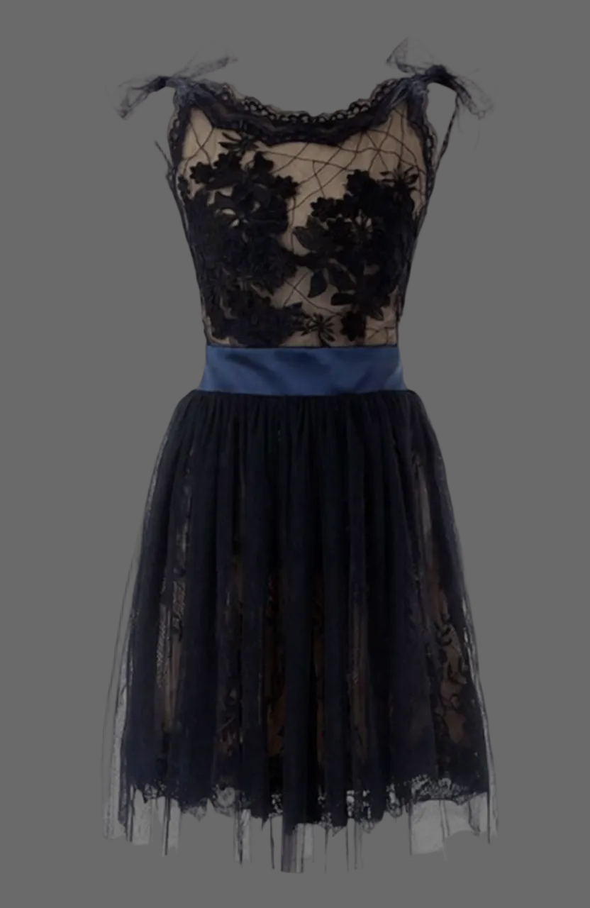 Black Lace Cocktail Dress with Illusion Neckline and Blue Sash - Short A-Line Party Dress