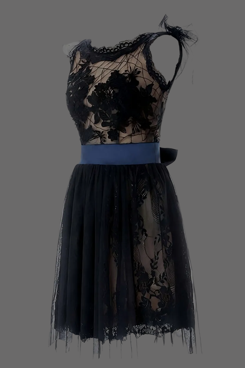 Black Lace Cocktail Dress with Illusion Neckline and Blue Sash - Short A-Line Party Dress