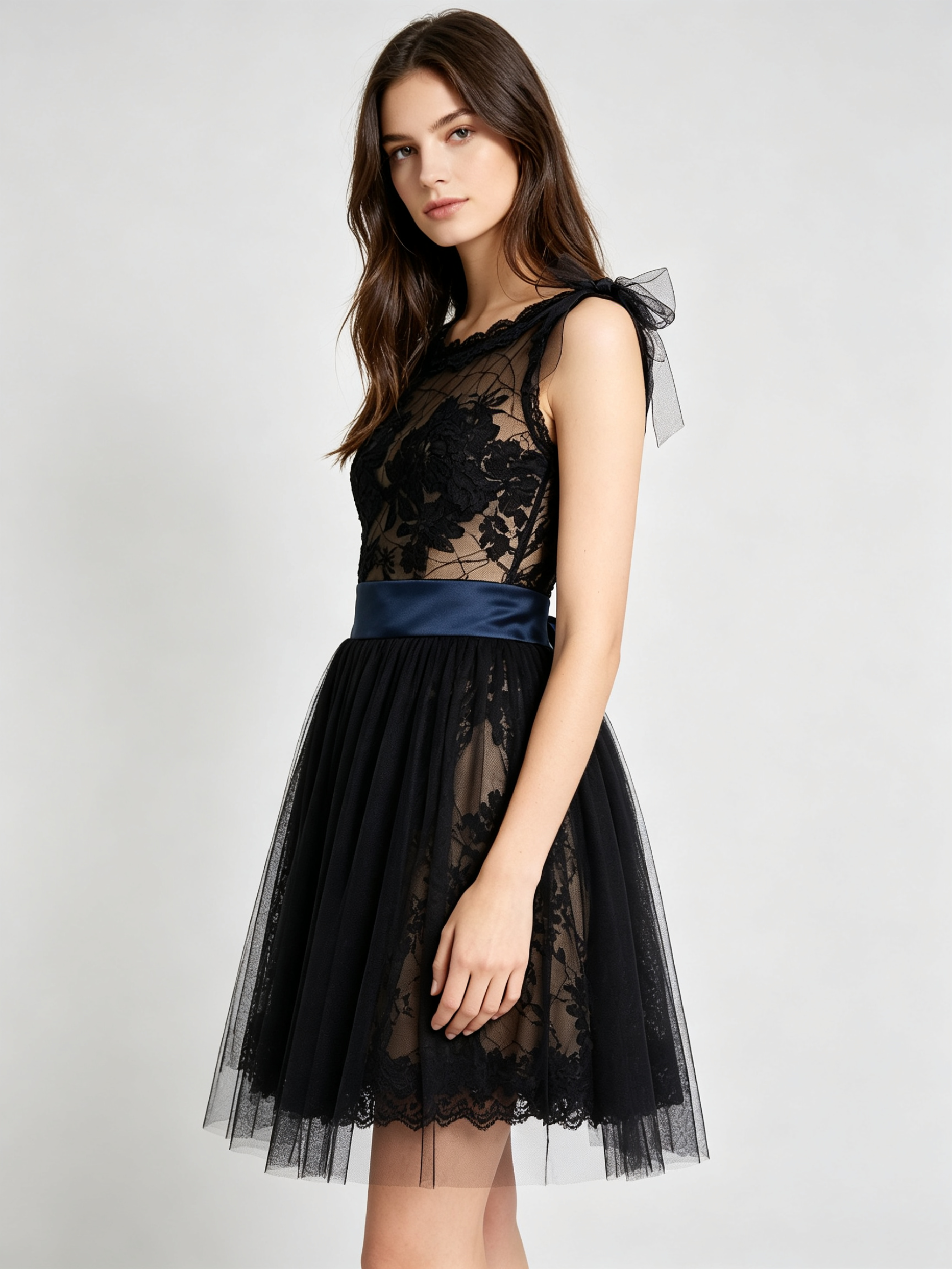 Black Lace Cocktail Dress with Illusion Neckline and Blue Sash - Short A-Line Party Dress