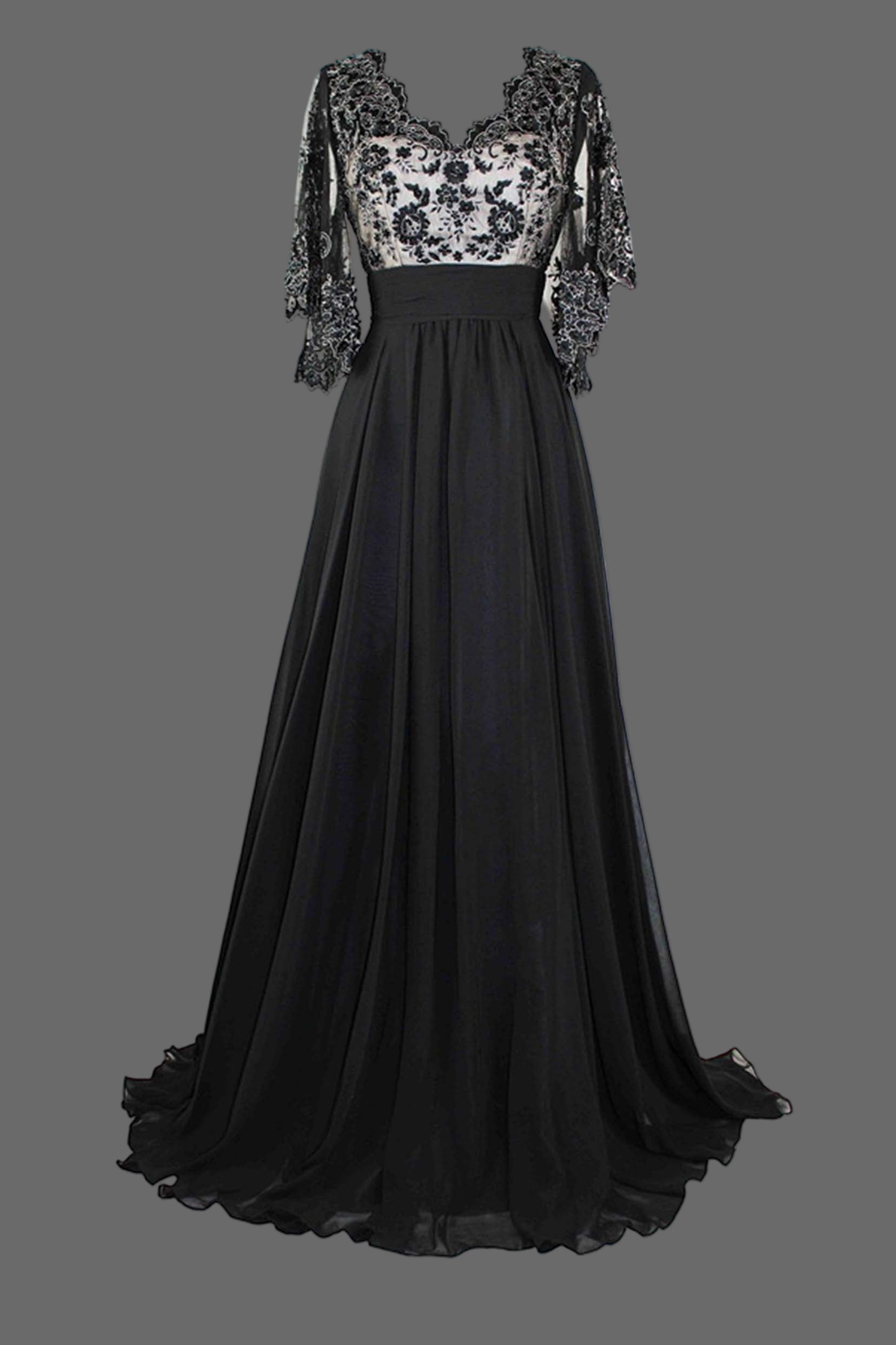 Black Lace Evening Gown - Half Sleeve A-Line Formal Dress with Illusion Bodice