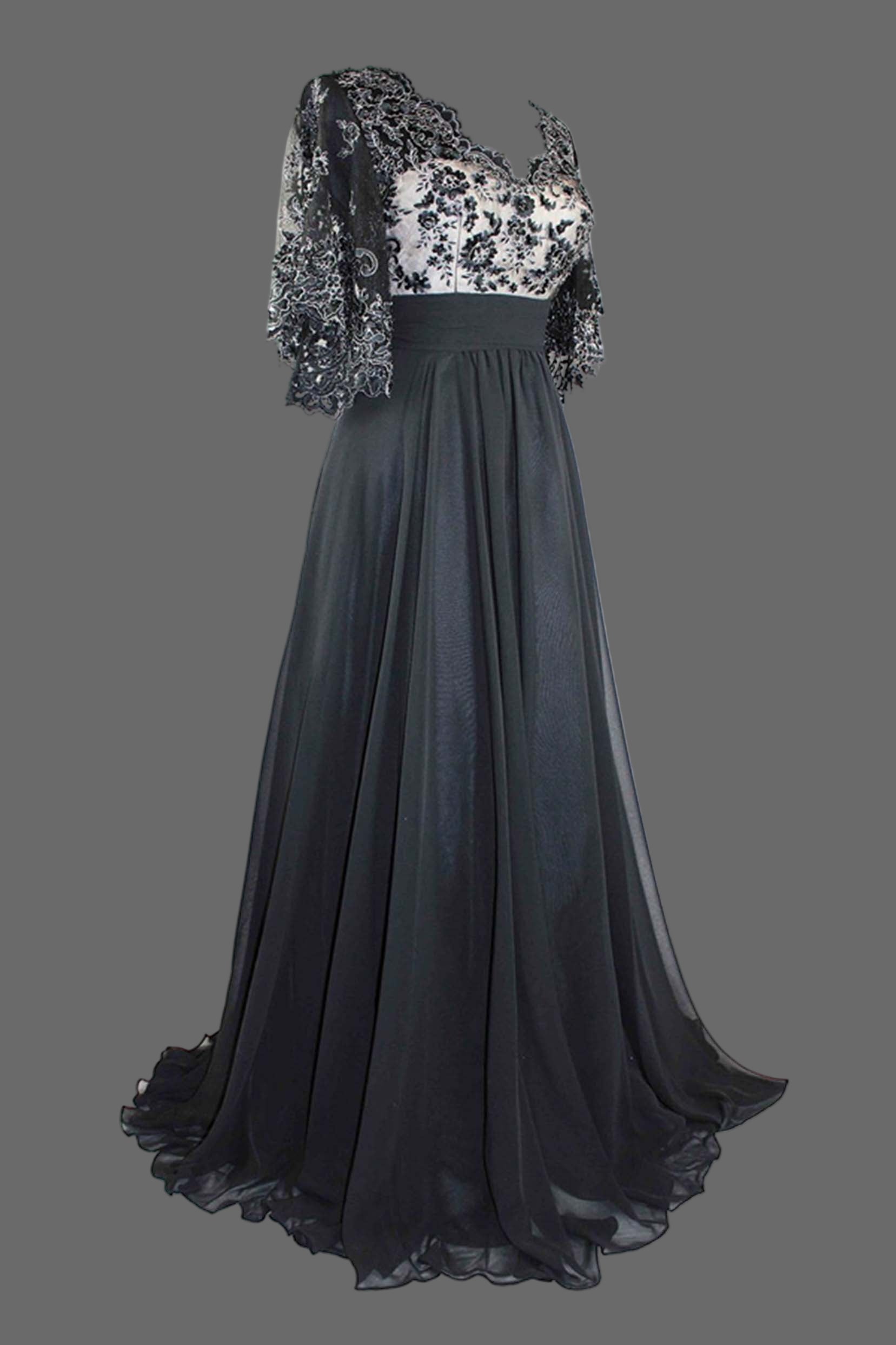 Black Lace Evening Gown - Half Sleeve A-Line Formal Dress with Illusion Bodice