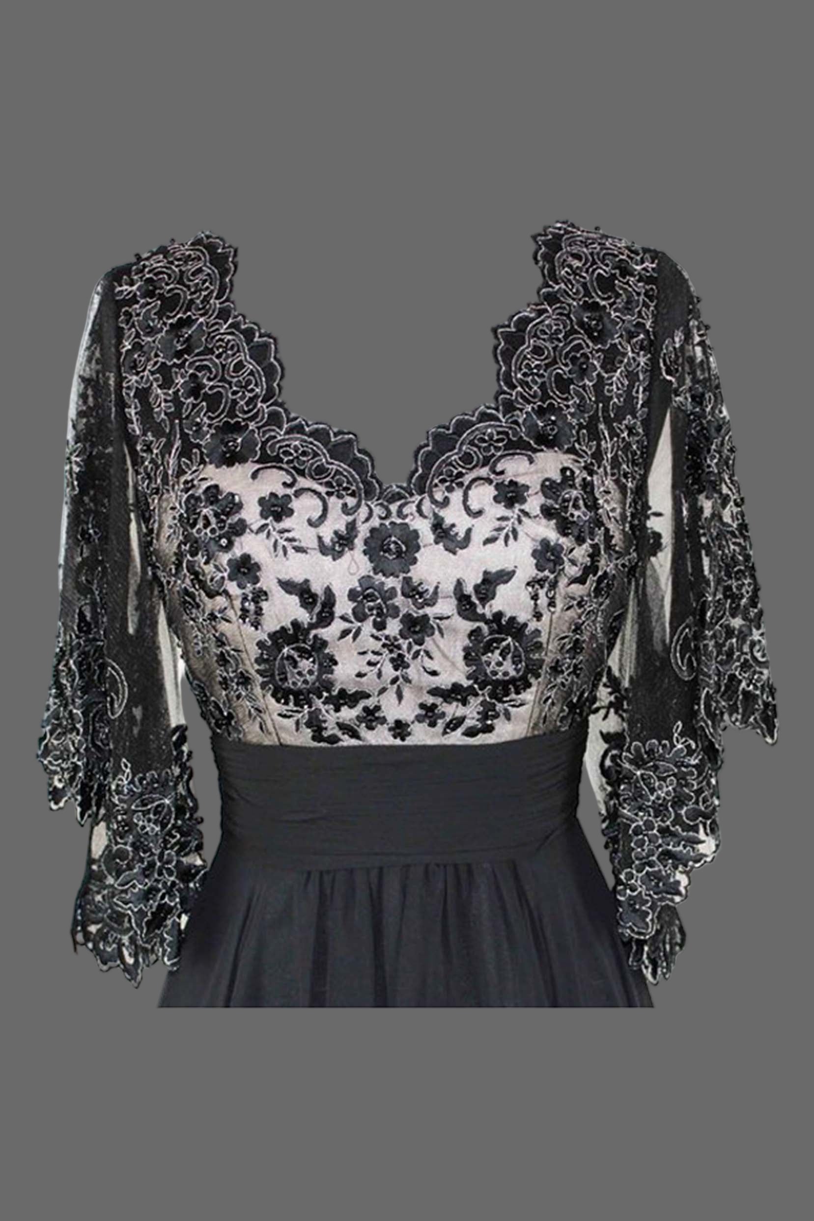 Black Lace Evening Gown - Half Sleeve A-Line Formal Dress with Illusion Bodice