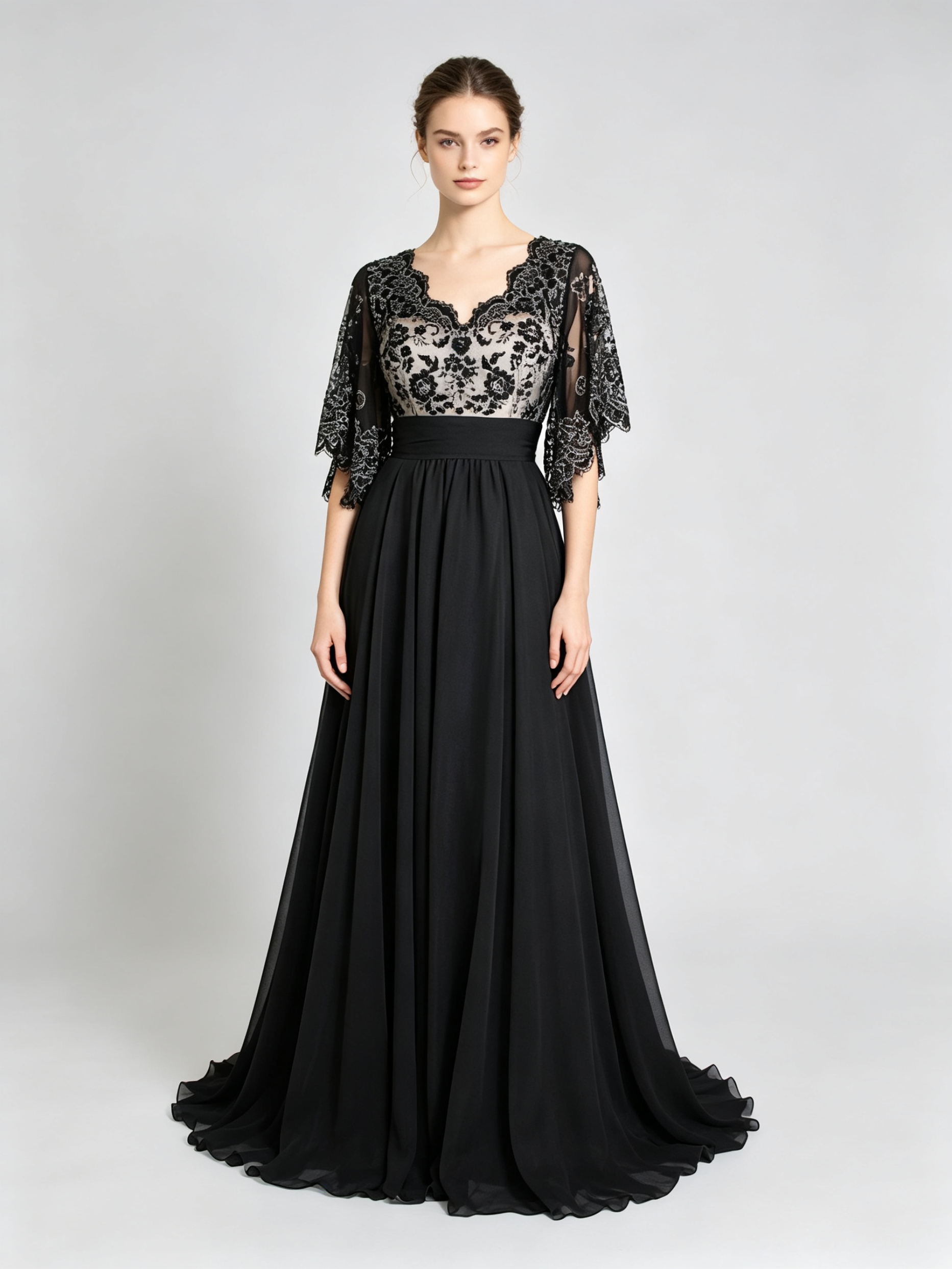 Black Lace Evening Gown - Half Sleeve A-Line Formal Dress with Illusion Bodice