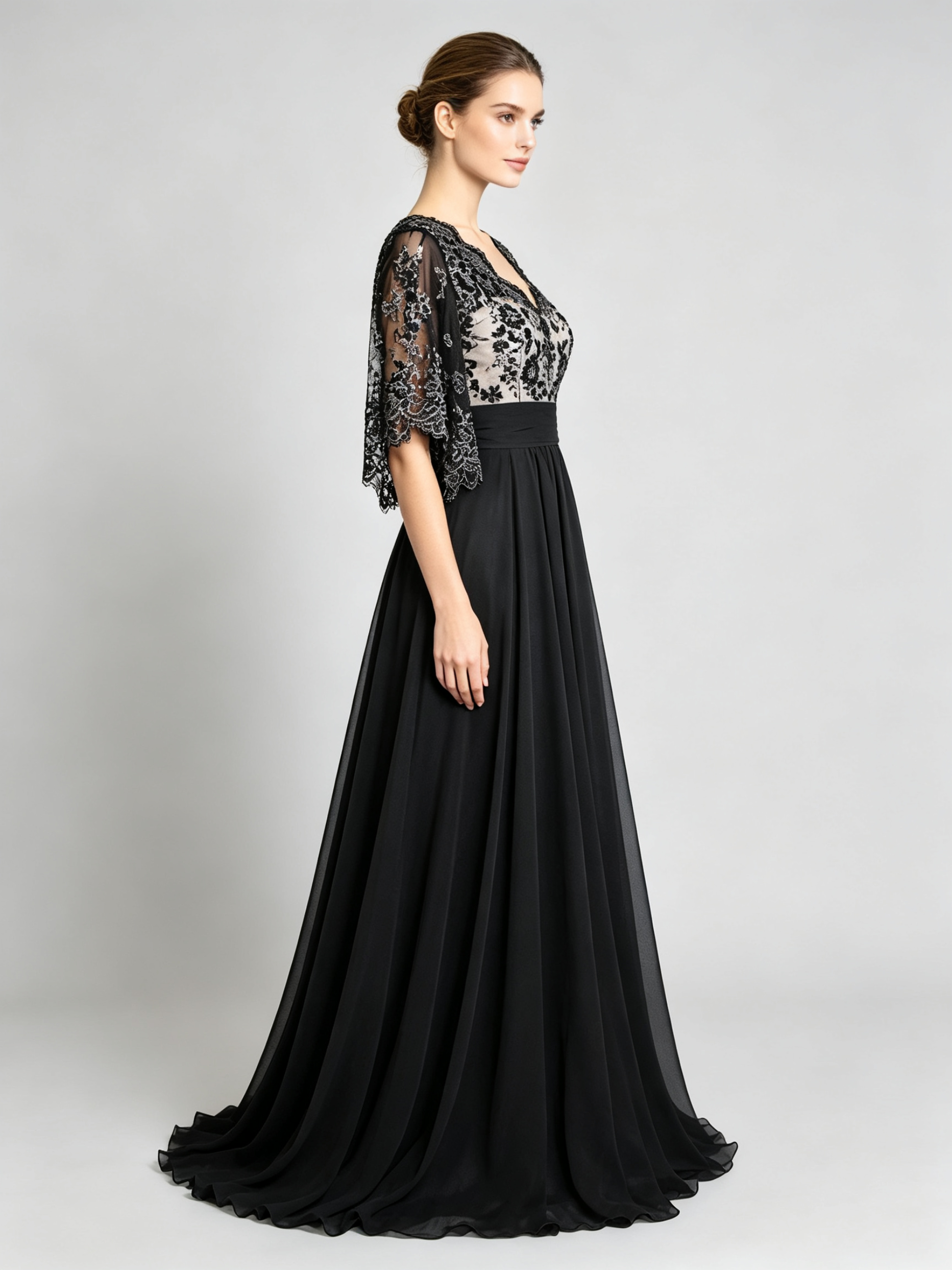 Black Lace Evening Gown - Half Sleeve A-Line Formal Dress with Illusion Bodice