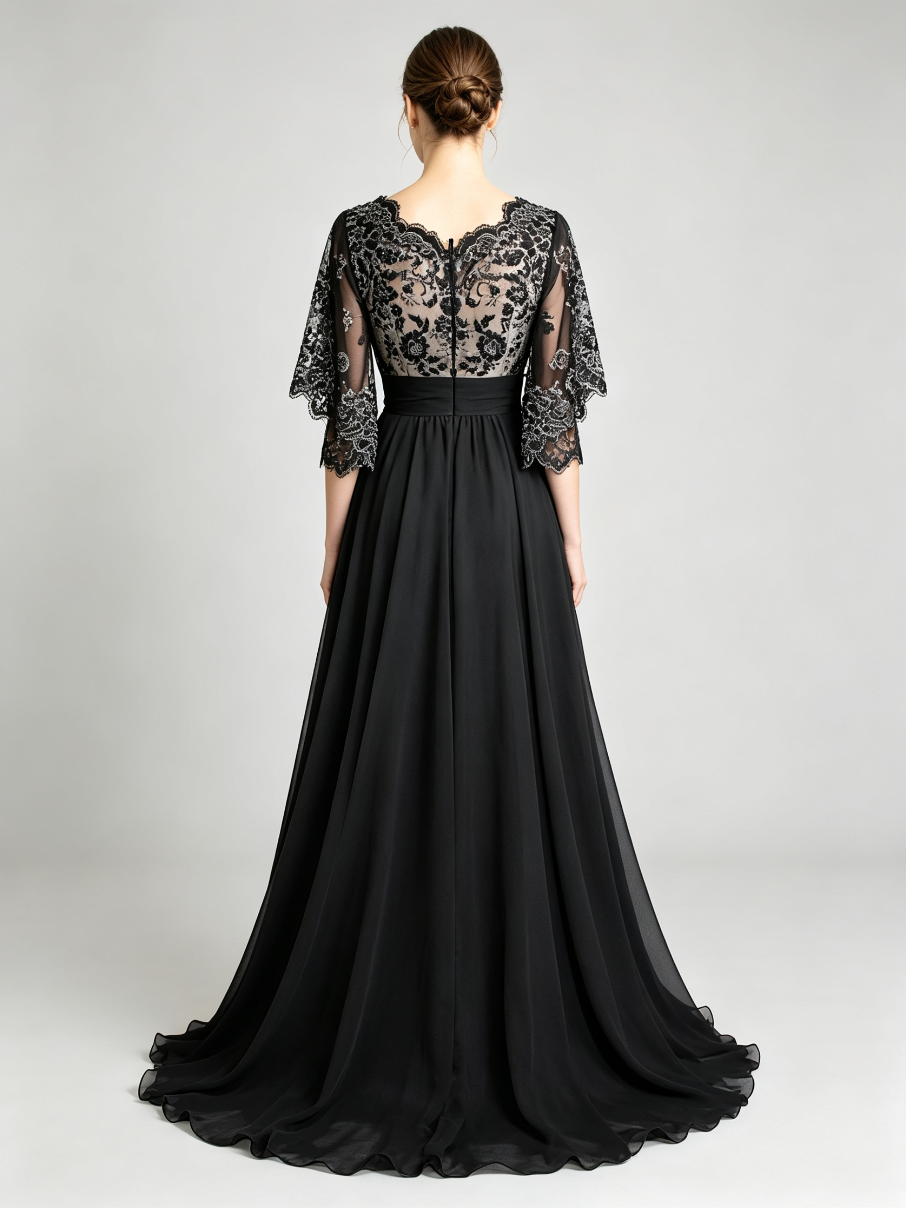 Black Lace Evening Gown - Half Sleeve A-Line Formal Dress with Illusion Bodice