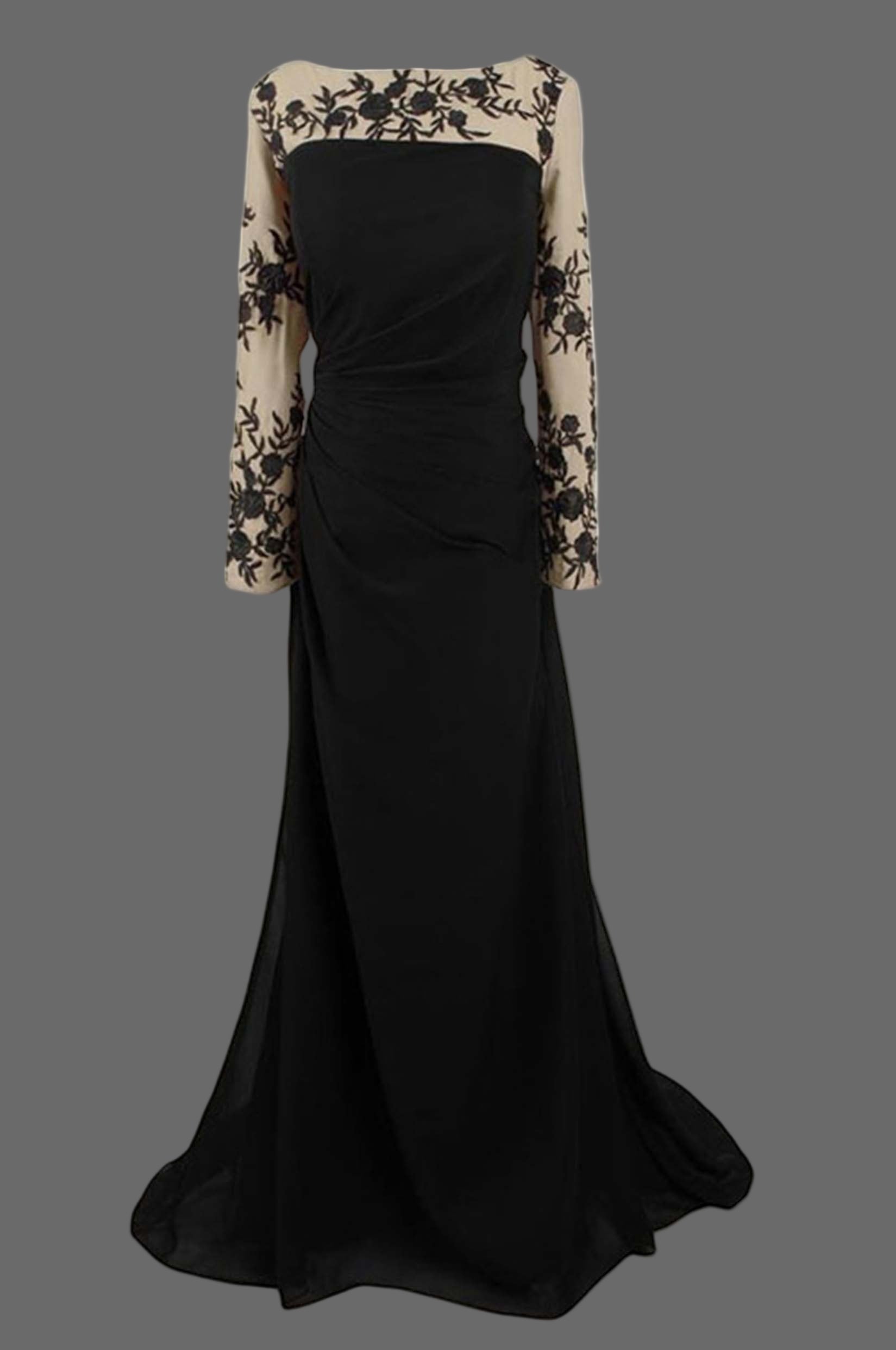 Black Lace Evening Gown - Long Sleeve Formal Dress with Illusion Neckline