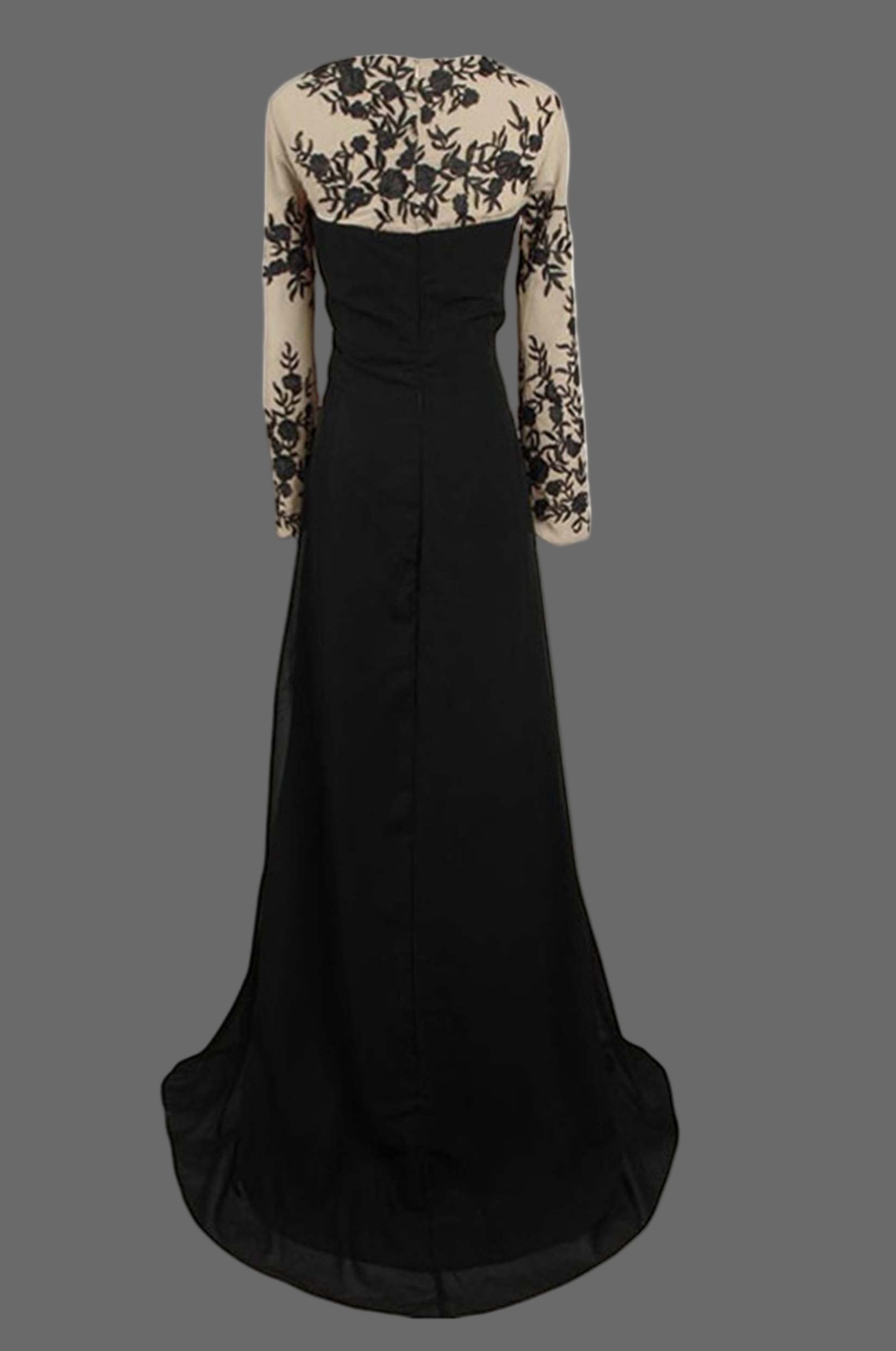 Black Lace Evening Gown - Long Sleeve Formal Dress with Illusion Neckline