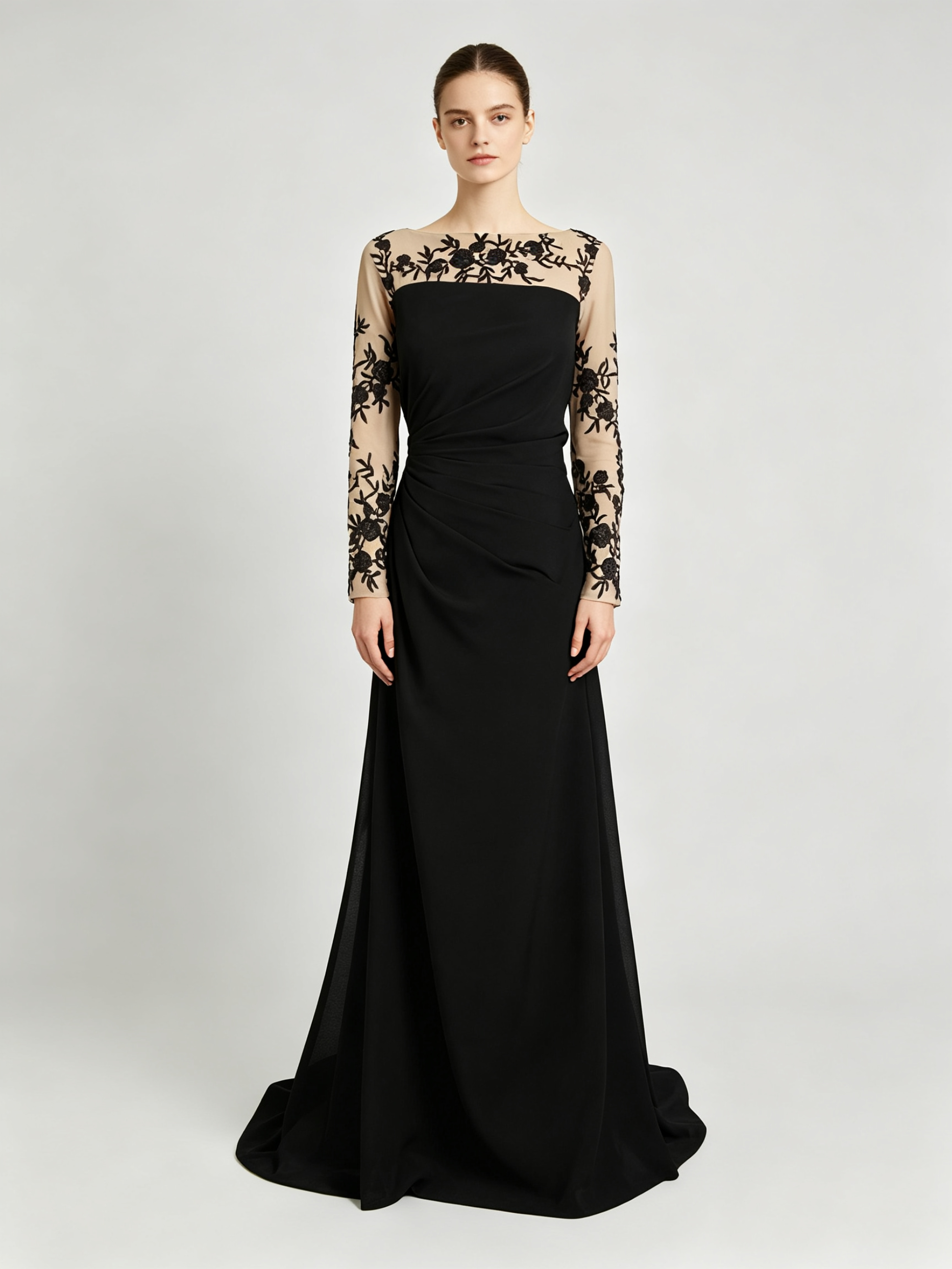 Black Lace Evening Gown - Long Sleeve Formal Dress with Illusion Neckline