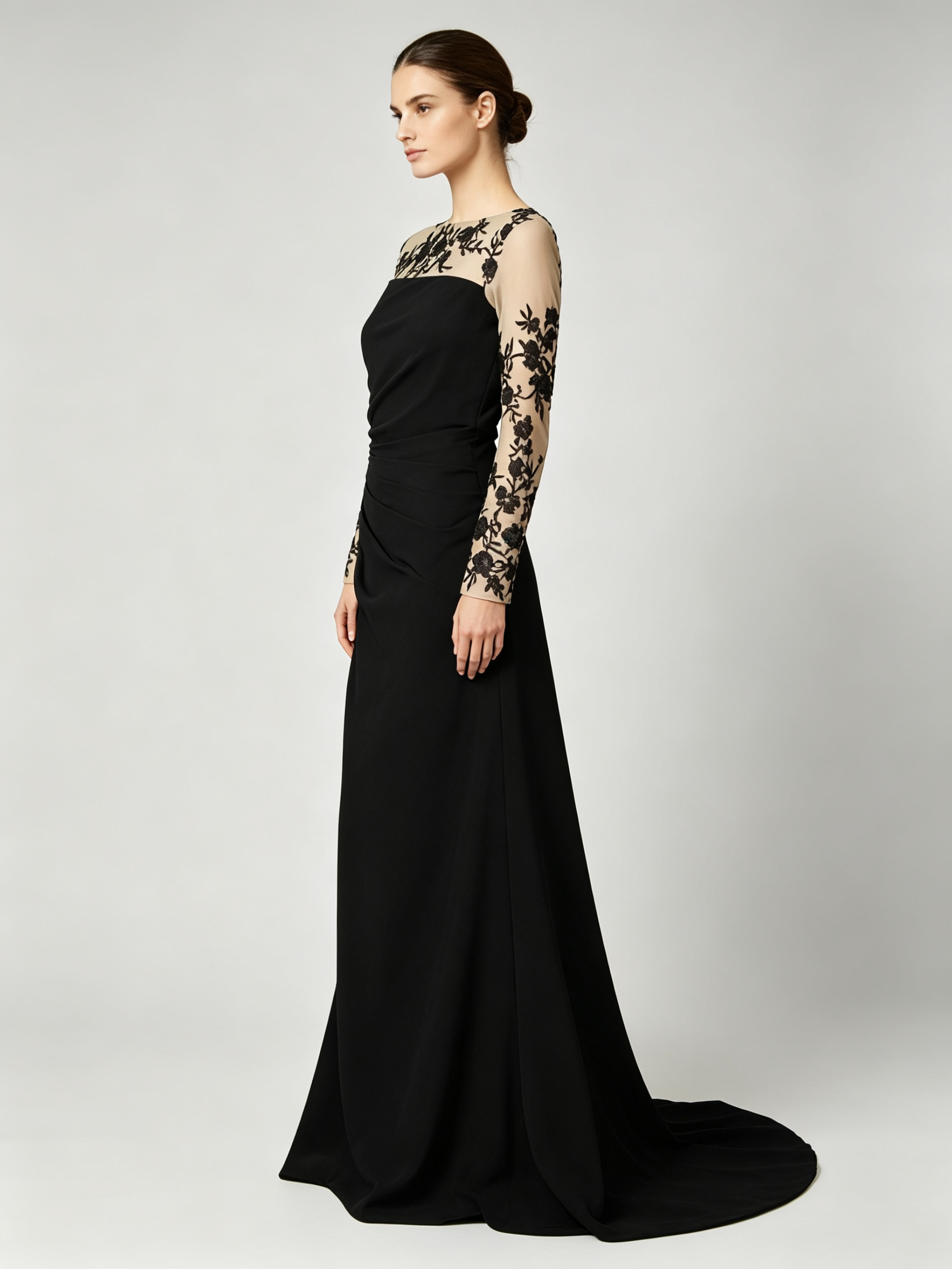 Black Lace Evening Gown - Long Sleeve Formal Dress with Illusion Neckline
