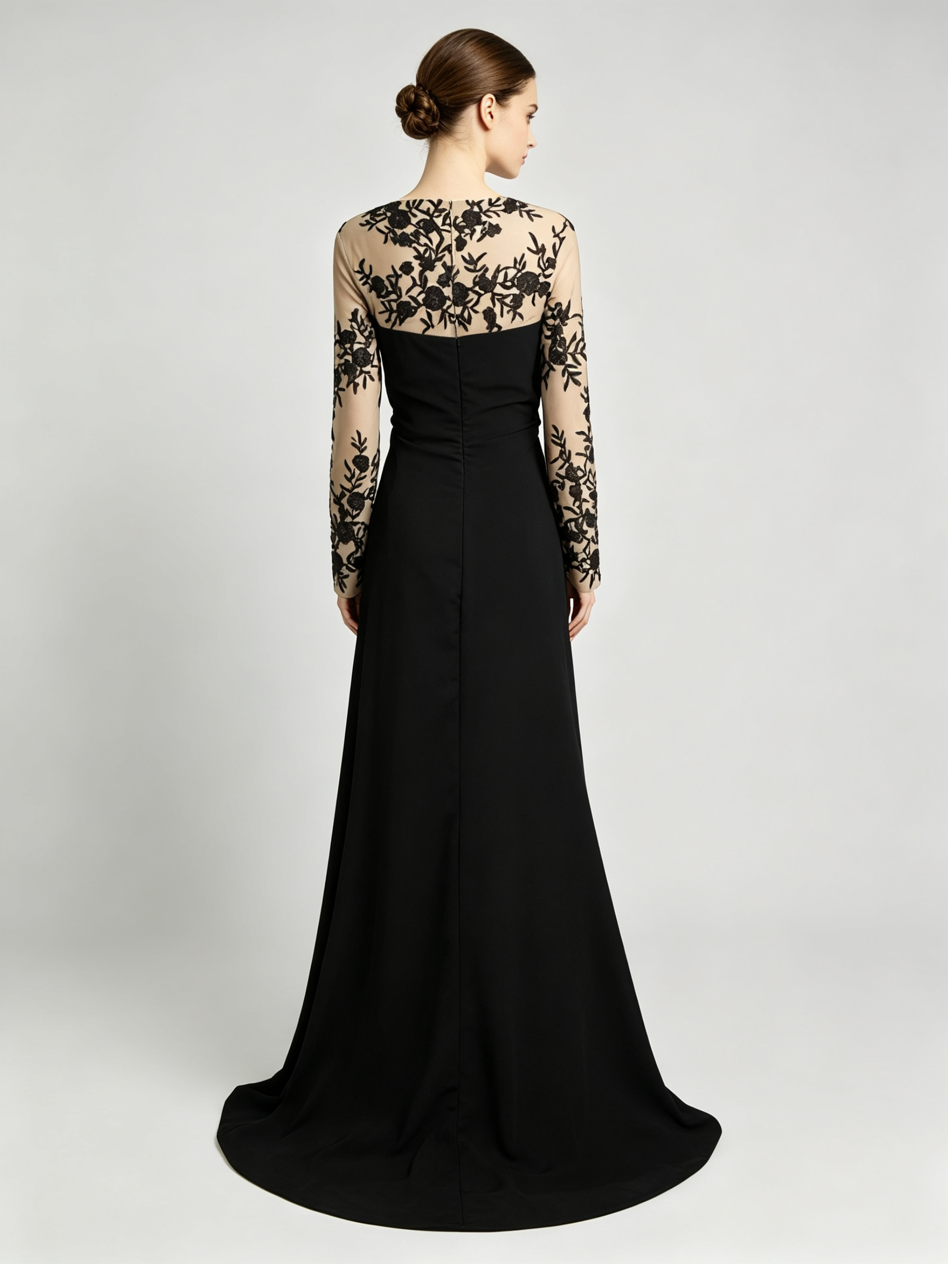 Black Lace Evening Gown - Long Sleeve Formal Dress with Illusion Neckline