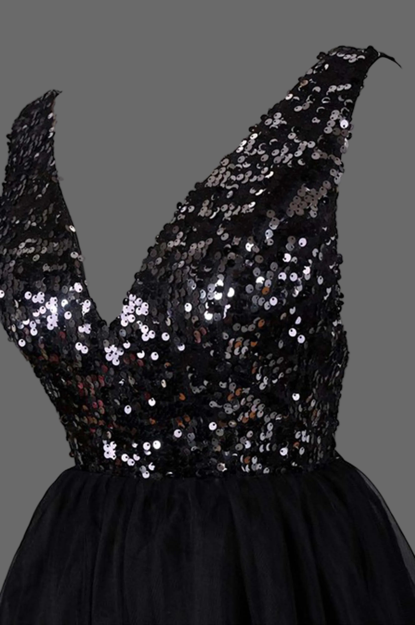 Black Sequin V-Neck Cocktail Dress - Short Tulle A-Line Party Dress with Sparkle Bodice