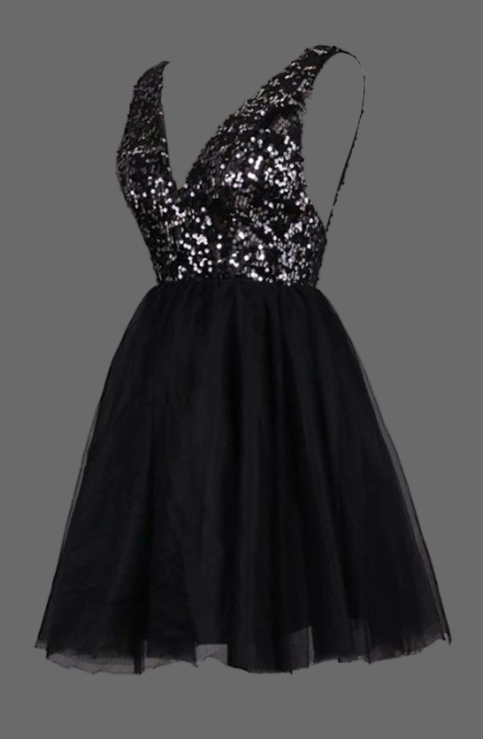 Black Sequin V-Neck Cocktail Dress - Short Tulle A-Line Party Dress with Sparkle Bodice