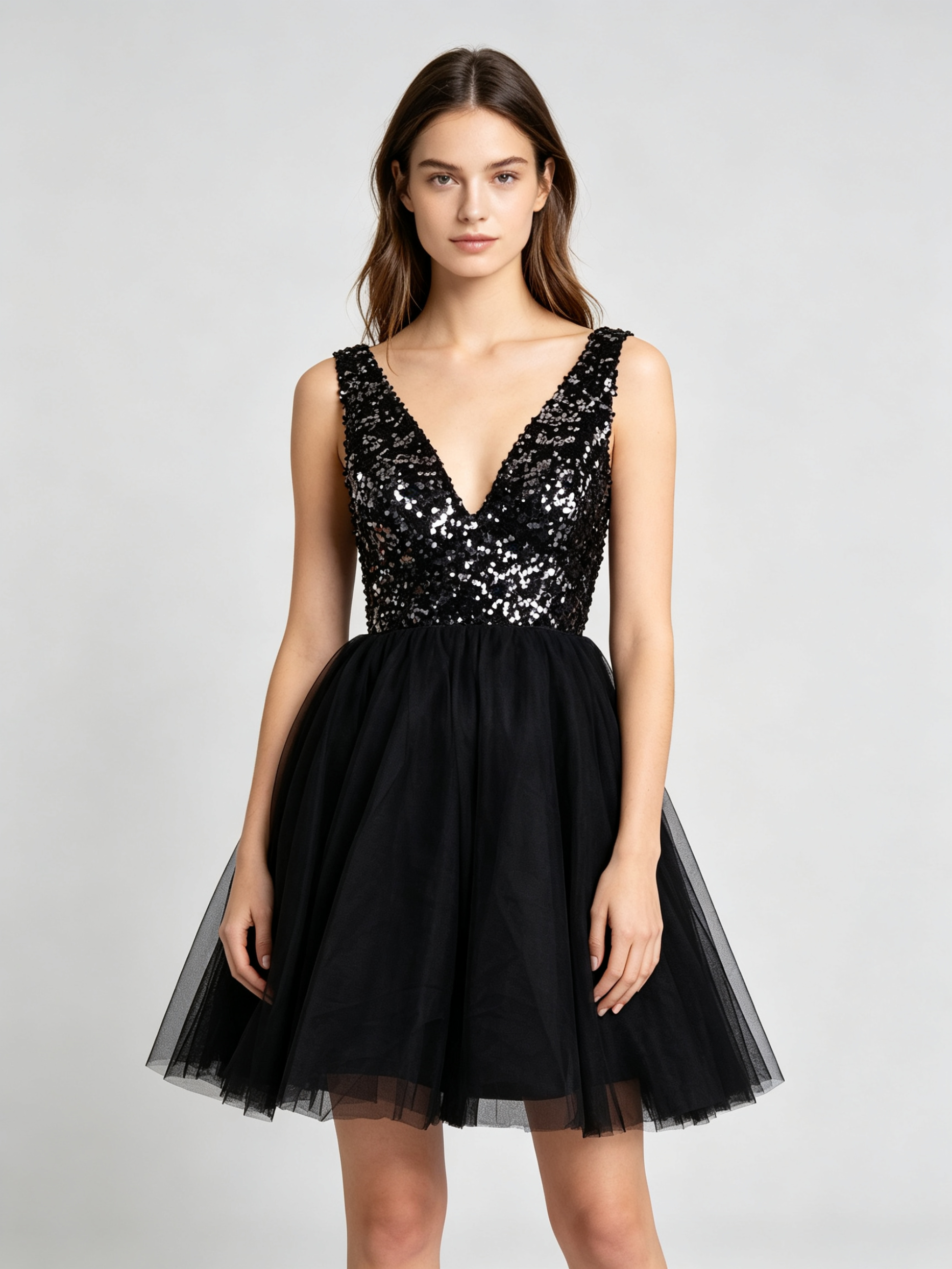 Black Sequin V-Neck Cocktail Dress - Short Tulle A-Line Party Dress with Sparkle Bodice