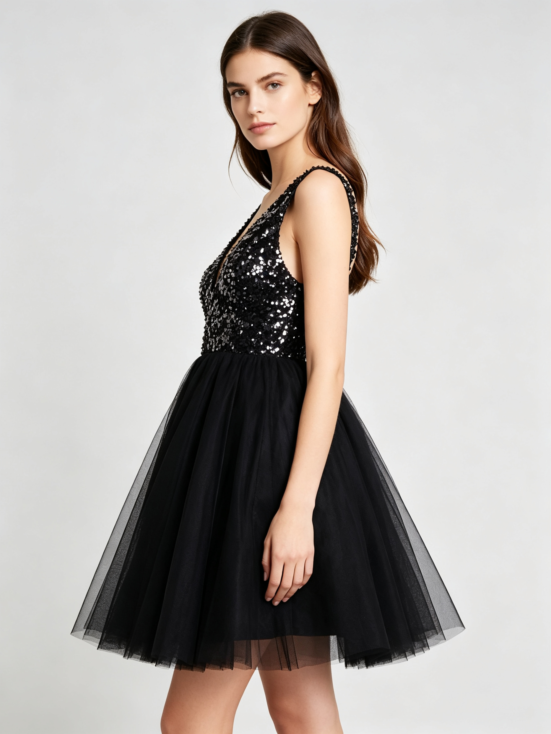 Black Sequin V-Neck Cocktail Dress - Short Tulle A-Line Party Dress with Sparkle Bodice