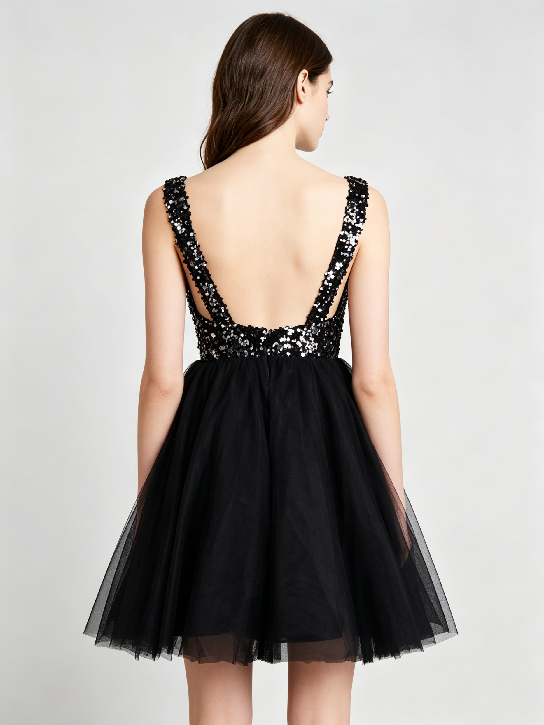 Black Sequin V-Neck Cocktail Dress - Short Tulle A-Line Party Dress with Sparkle Bodice