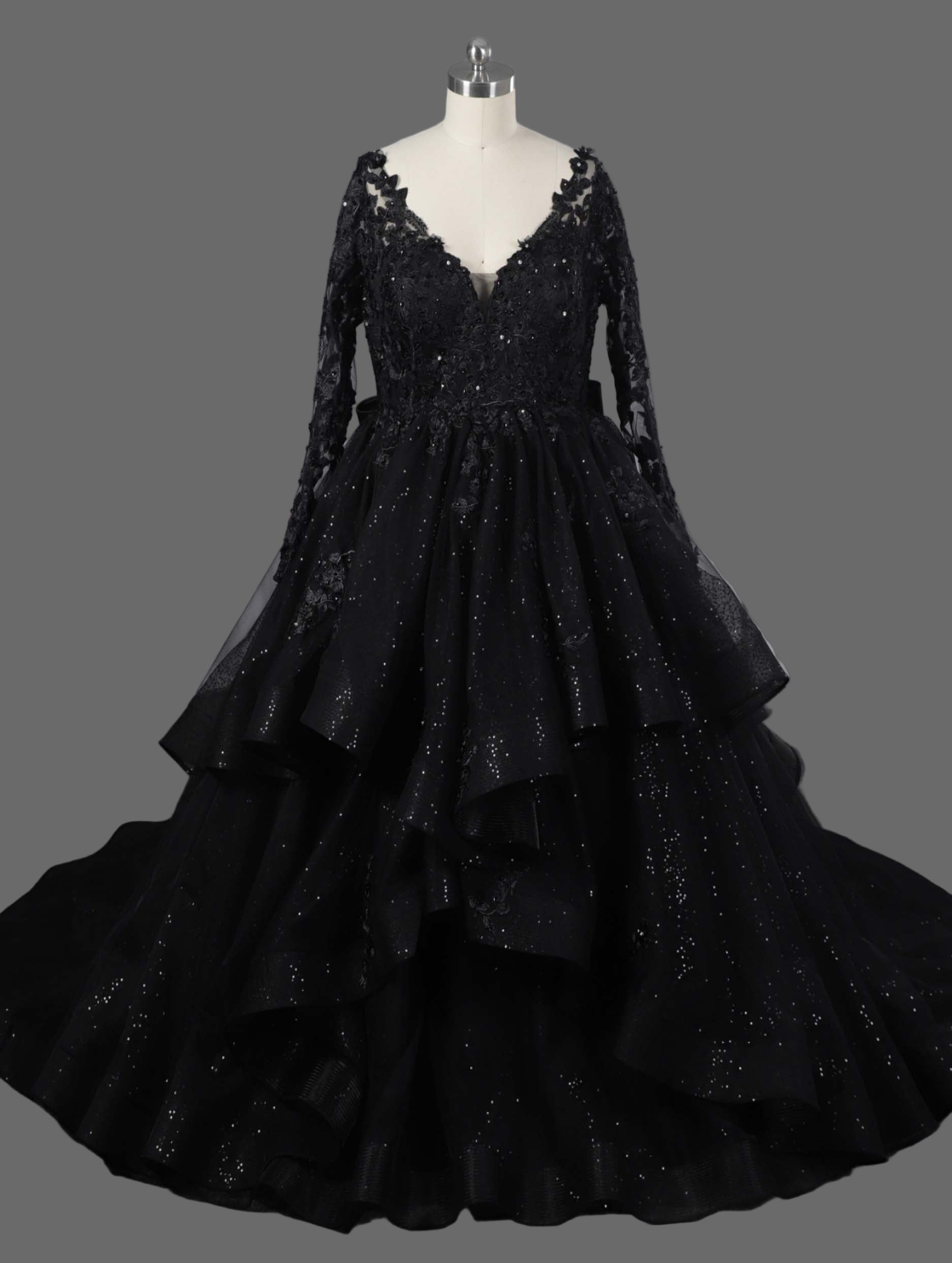 Black Sparkle Ball Gown Wedding Dress with Long Lace Sleeves and Cathedral Train