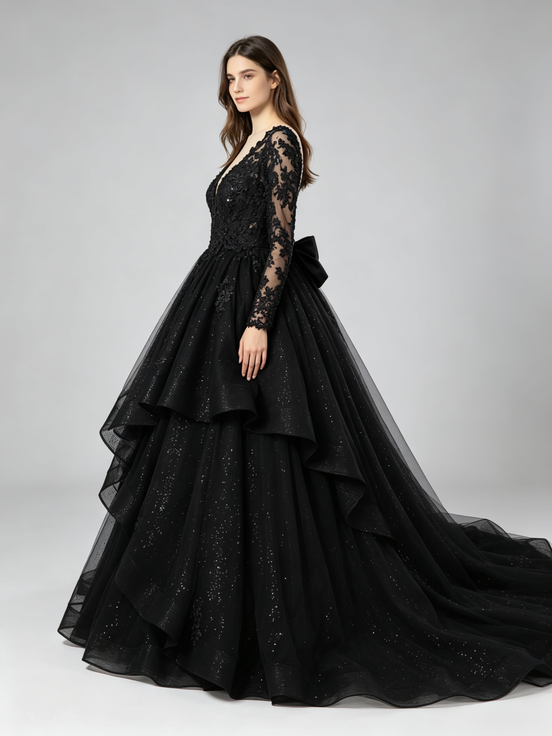 Black Sparkle Ball Gown Wedding Dress with Long Lace Sleeves and Cathedral Train