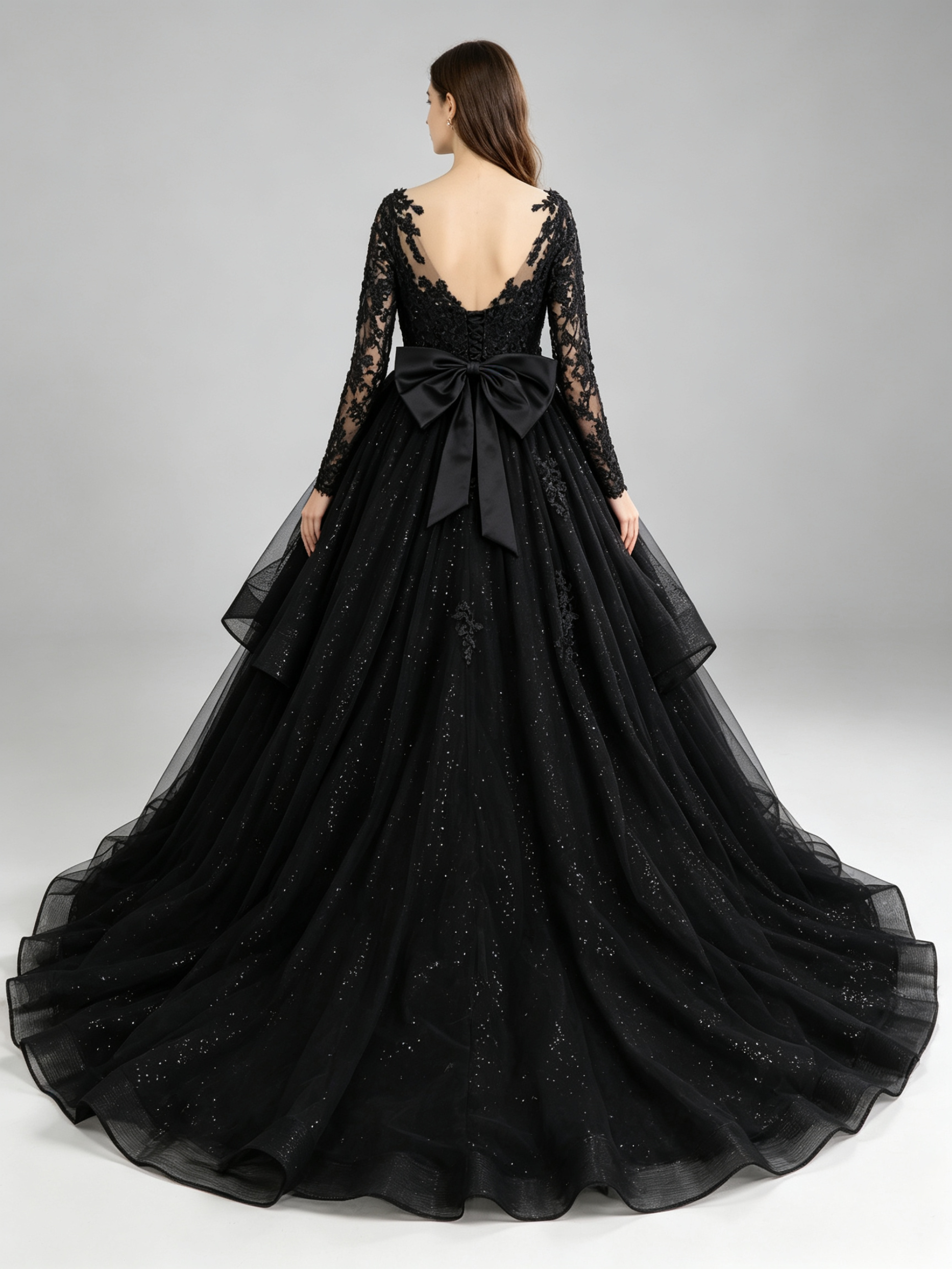 Black Sparkle Ball Gown Wedding Dress with Long Lace Sleeves and Cathedral Train